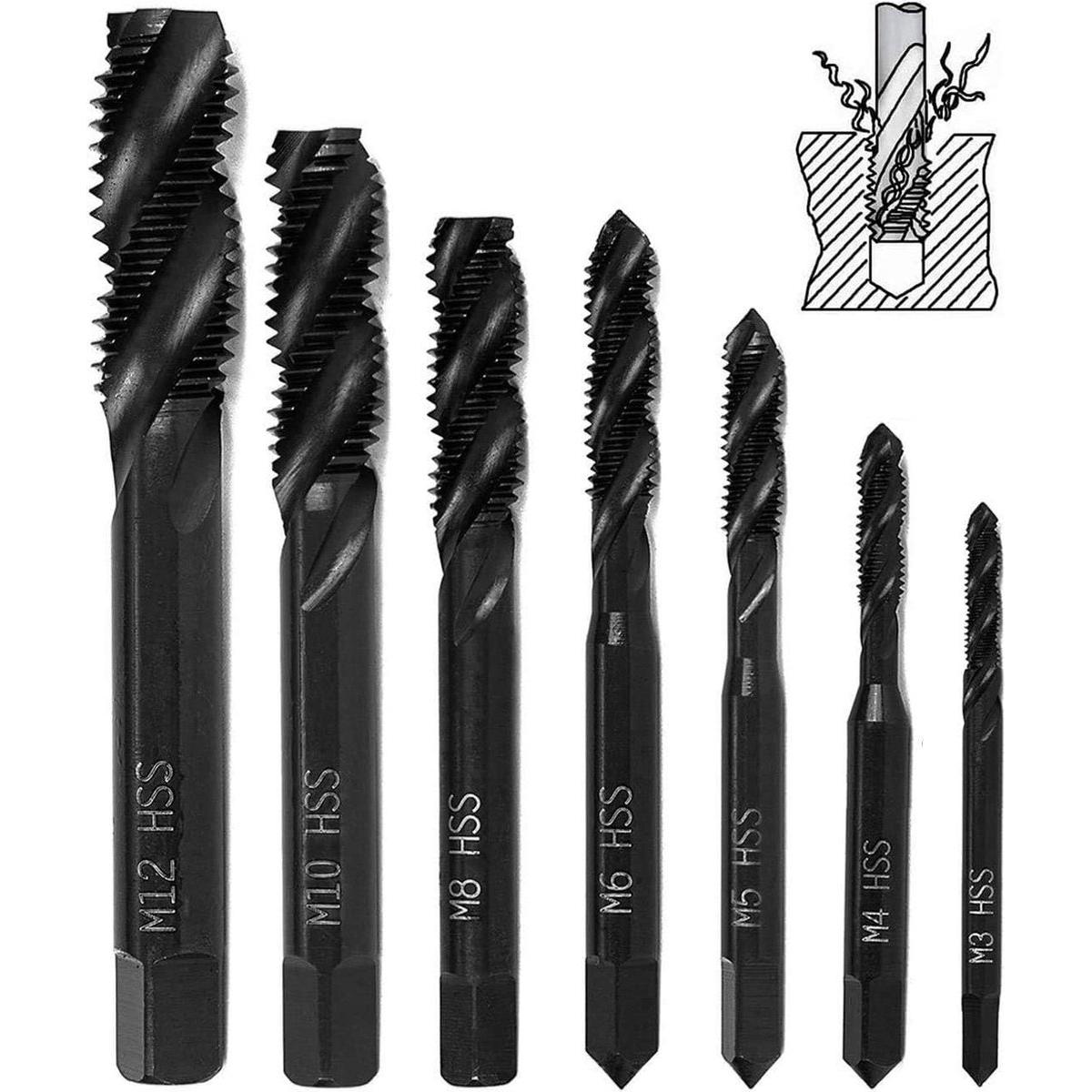 Juego de 7 machos de roscar espirales nitrurados, machos HSS 6542 con vástago cónico, adecuados para brocas de carpintería.