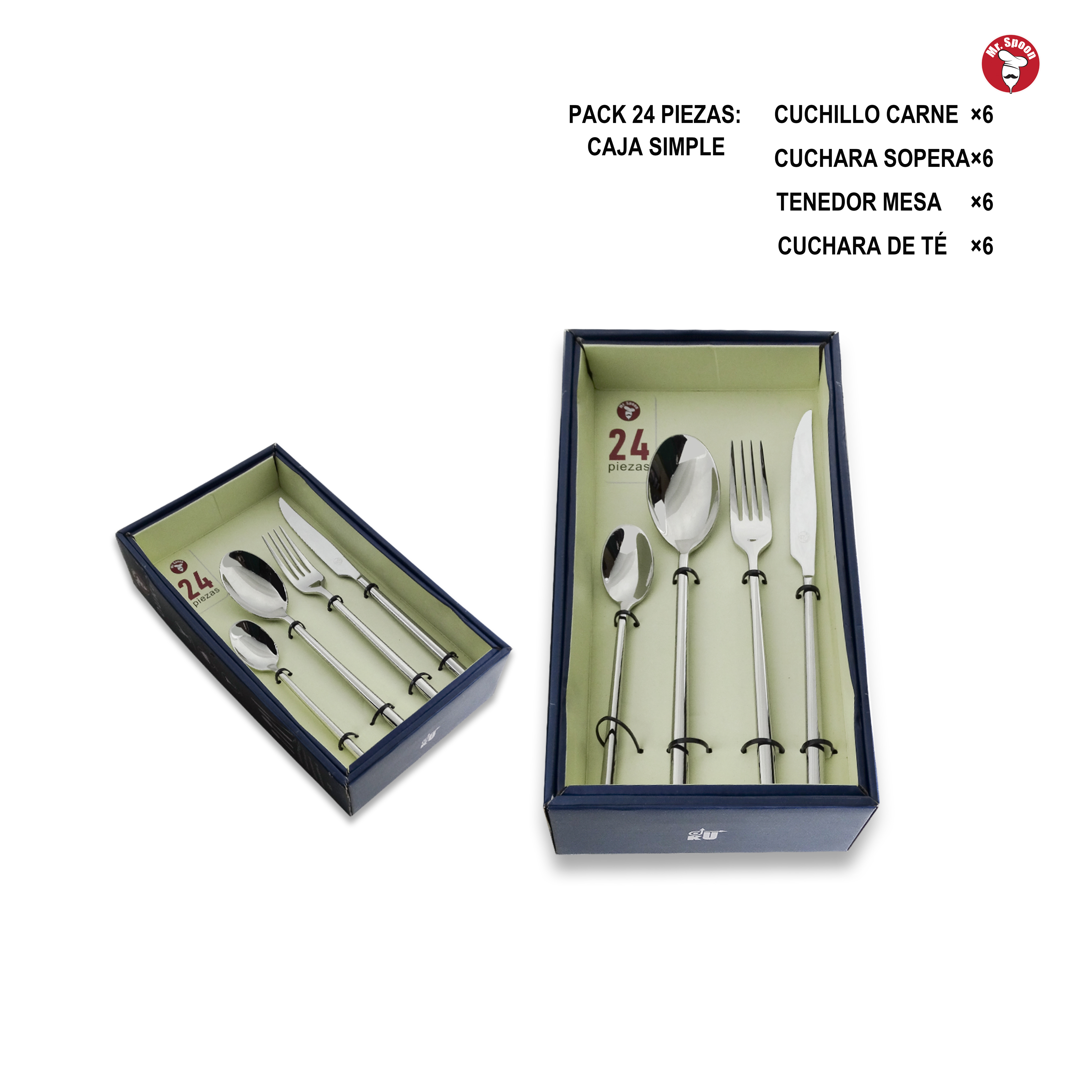 Mr.Spoon Serie Perla Juego de Cubiertos Premium 24 Piezas Acero Inoxidable 18/10 Plata, Alta Calidad, Set Completo con Cuchillo, Tenedor, Cuchara y Cucharilla, Apto para Lavavajillas, Ideal para Hogar, Restaurante y Hostelería