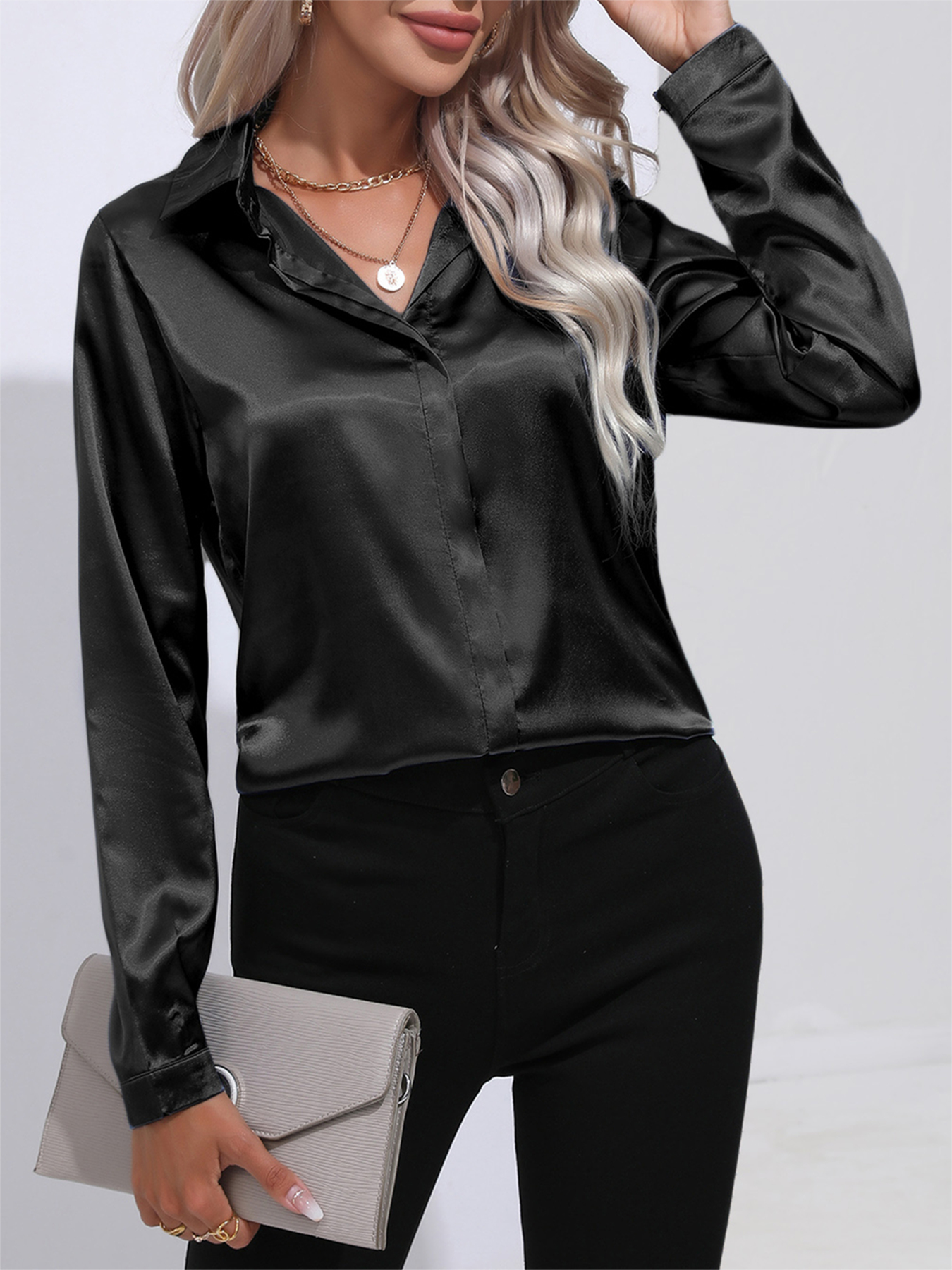 TK Blusa De Satén Elegante Para Mujer Con Cuello Enrollado Y Botón Sólido De Manga Larga Para Oficina Ropa Trabaja De Diario