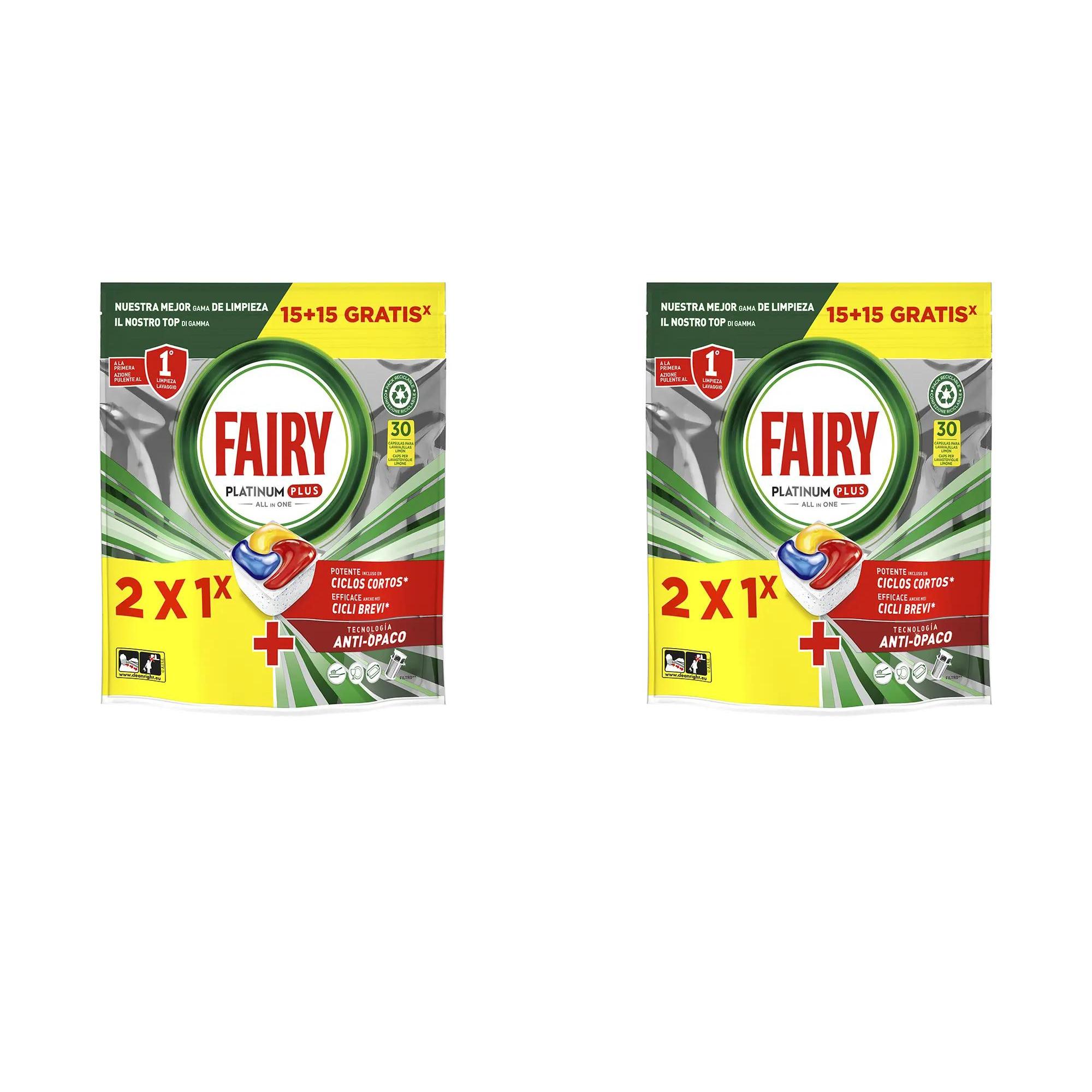 Fairy Platinum 15´+15 Oferta Pack de 2 - Eliminador de grasa y suciedad eficaz