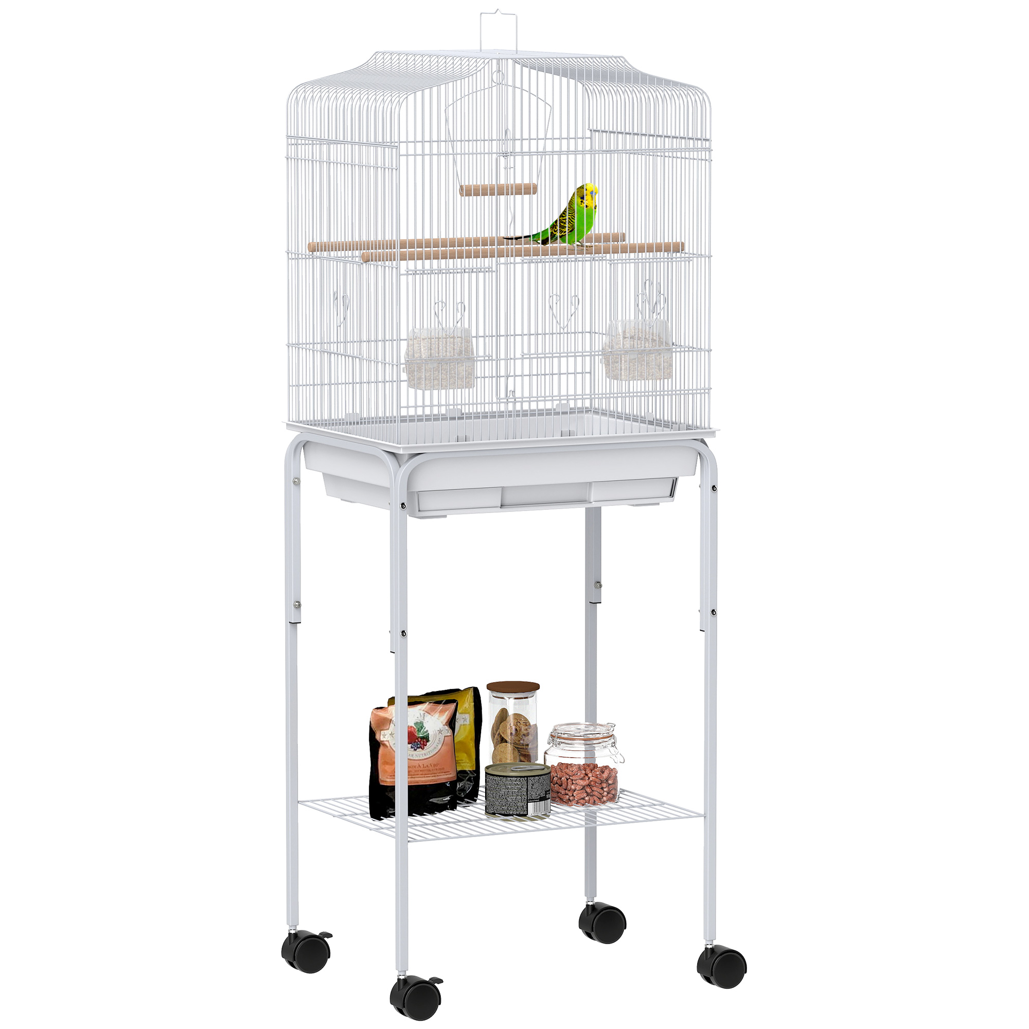 PawHut Jaula para Pájaros, Jaula Grande con Ruedas, Estante de Almacenaje, Puertas, 2 Comederos, 2 Perchas, Columpio, Bandeja Extraíble y Asa, para Loro, Canario, Periquito, 46,5x36x124 cm, Blanco