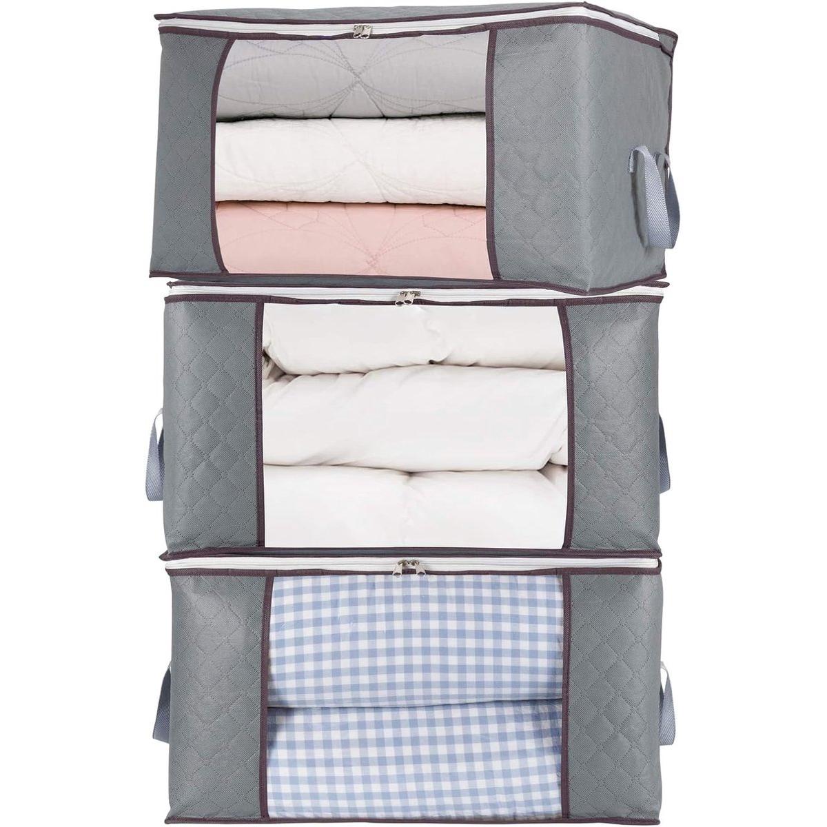 Juego de 3 bolsas de almacenamiento extragrandes con cremallera - Bolsas de almacenamiento - con ventana transparente grande - Asas - Económicas - Ideales para guardar edredones, almohadas, colchas, ropa de cama, ropa, mantas y más - Gris - 60×40×35 cm