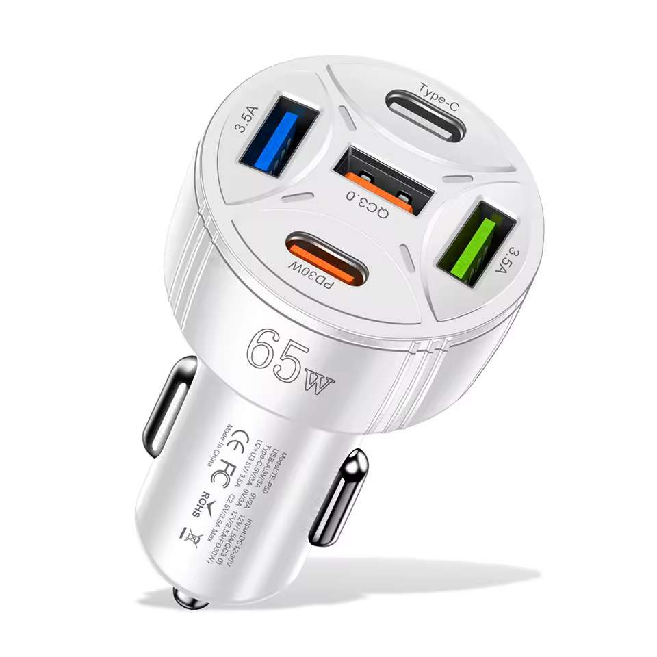 Cargador de Coche Rápido 65W FGNS con 3 Puertos USB-A y 2 Tipo-C, Compatible PD y QC3.0 para Smartphone tablet y mas