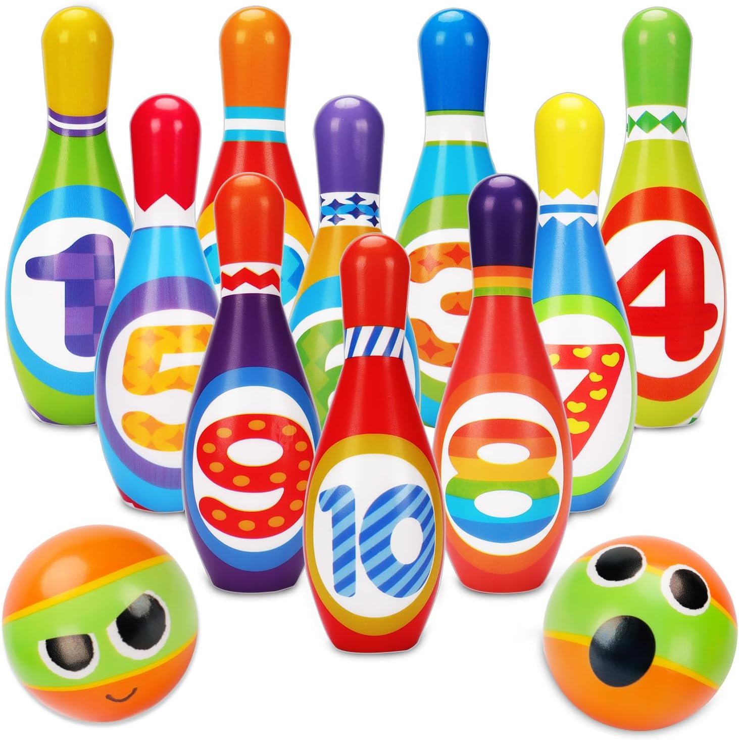 El juego de bolos para niños (de 2 a 5 años) incluye 10 bolos de espuma de colores y 2 bolas de bolos, con una bolsa para guardarlos