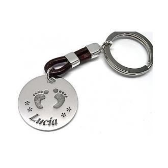 Llavero Pies Personalizado Nombre De Plata Y Cuero Marrón