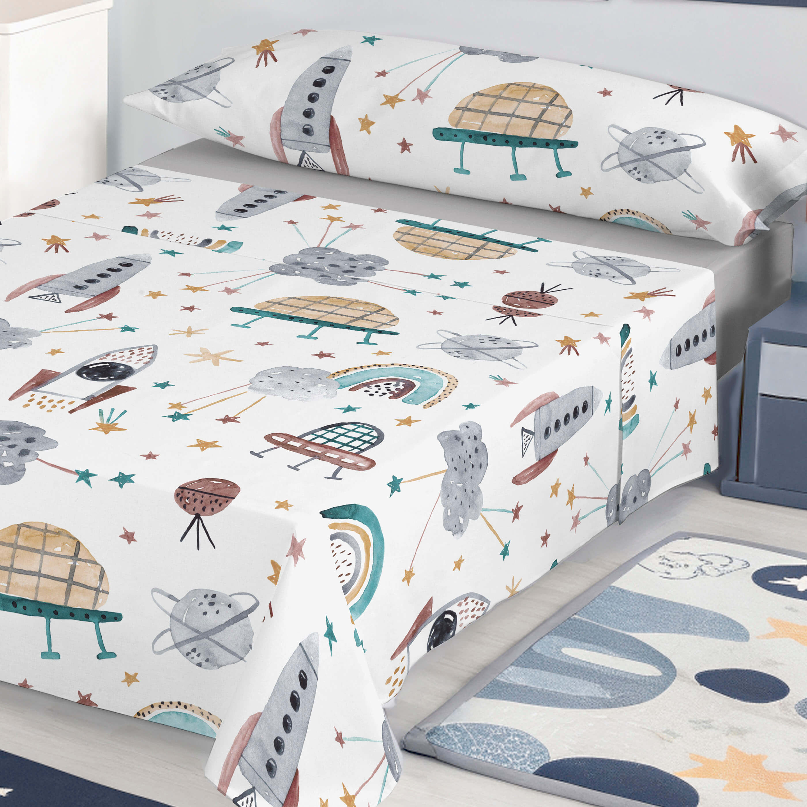 NATURALS - Juego de Sábanas Infantil Estampado 100% Algodón - Juego de 3 piezas Incluye Encimera, 1 Funda de Almohada y Bajera Ajustable - Cama 90/105 - Fabricado en España