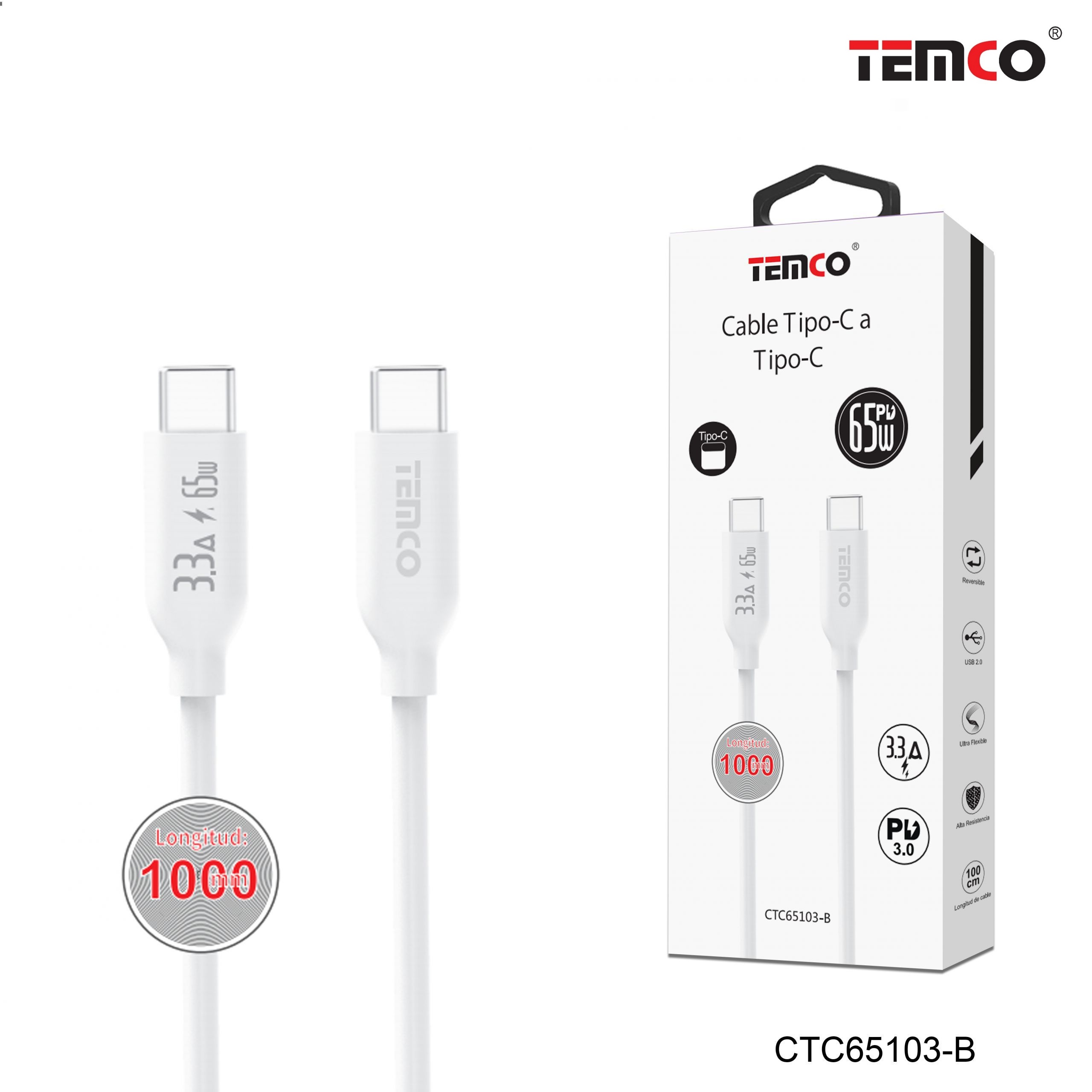 Cable 3,3A 1m Tipo C a Tipo C 20V Blanco
