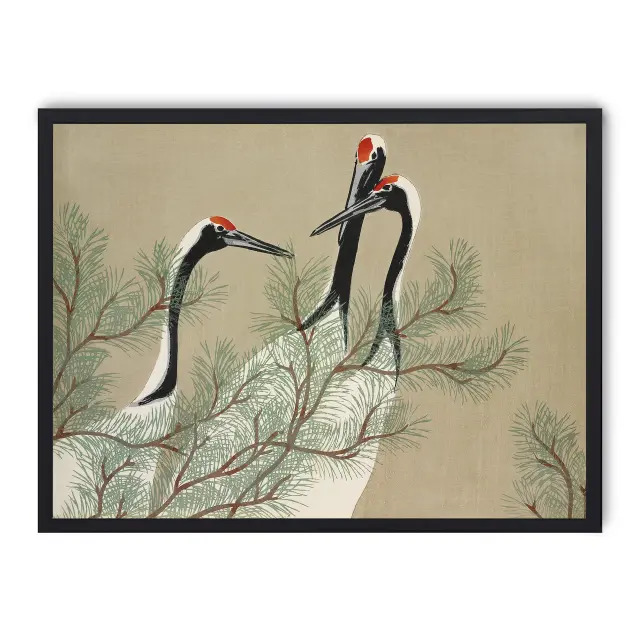 Lámina con marco negro CRANES IN BRANCHES 21x30 cm, Póster impreso en papel de primera calidad de 180gr, montado sobre marco de madera MDF acabado en negro., Arte - Japonés