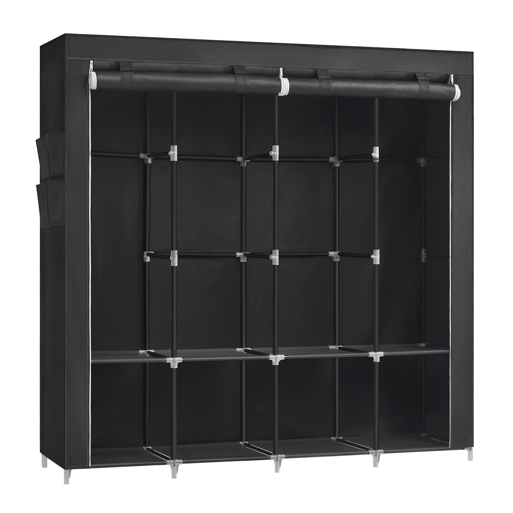 SONGMICS Armario de Ropa, Armario de Tela Portátil, con 4 Barras para Colgar, Estantes, 4 Bolsillos Laterales, 45 x 170 x 167 cm, Espacioso para Dormitorio, Salón, Gris/Negro/Azul Oscuro/Verde Oliva