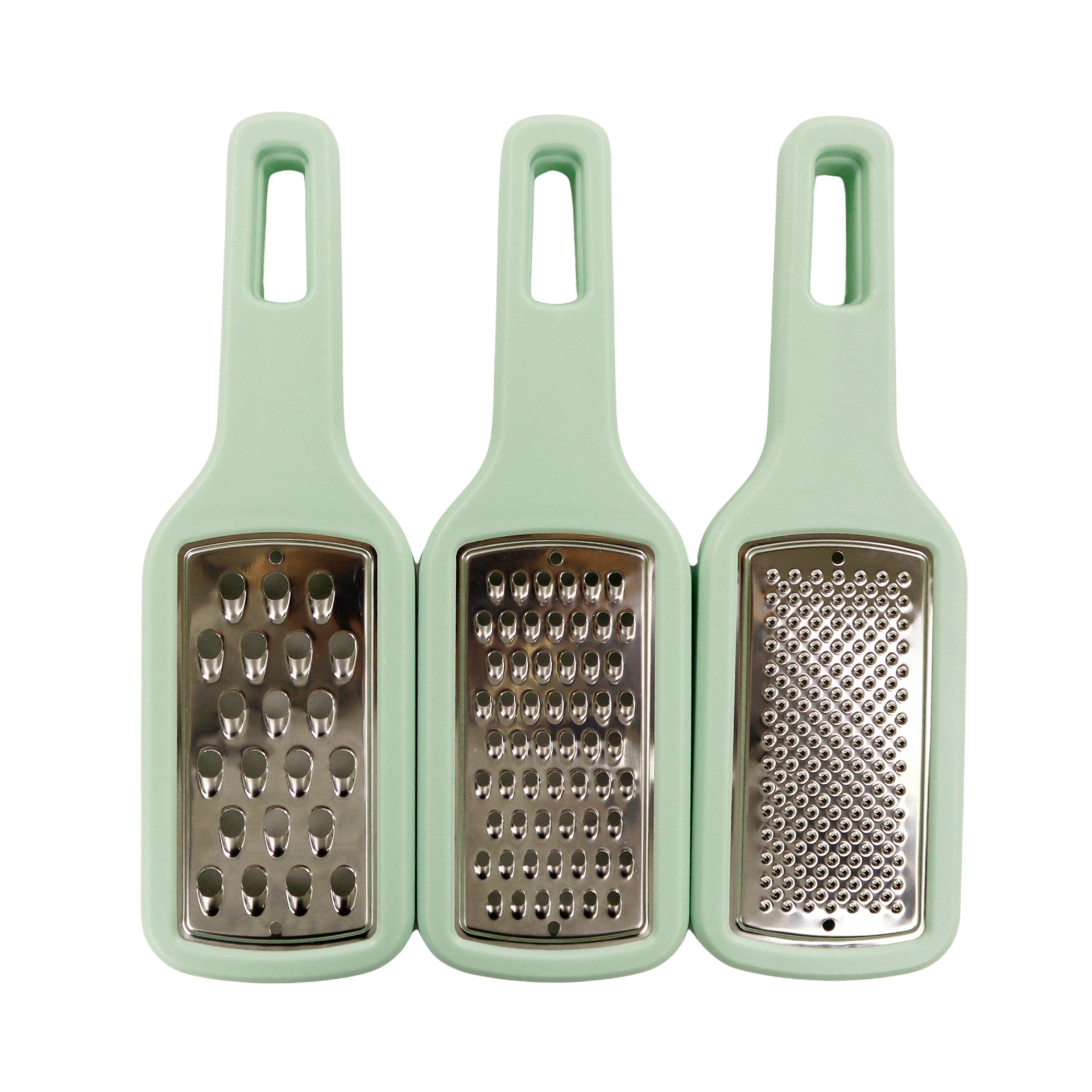 Set de 3 Ralladores de Cocina, Apilables, Fácil Almacenamiento, Acero Inoxidable y Poliestireno, Aptos para Lavavajillas, 21x6,5x4 cm, Verde Agua