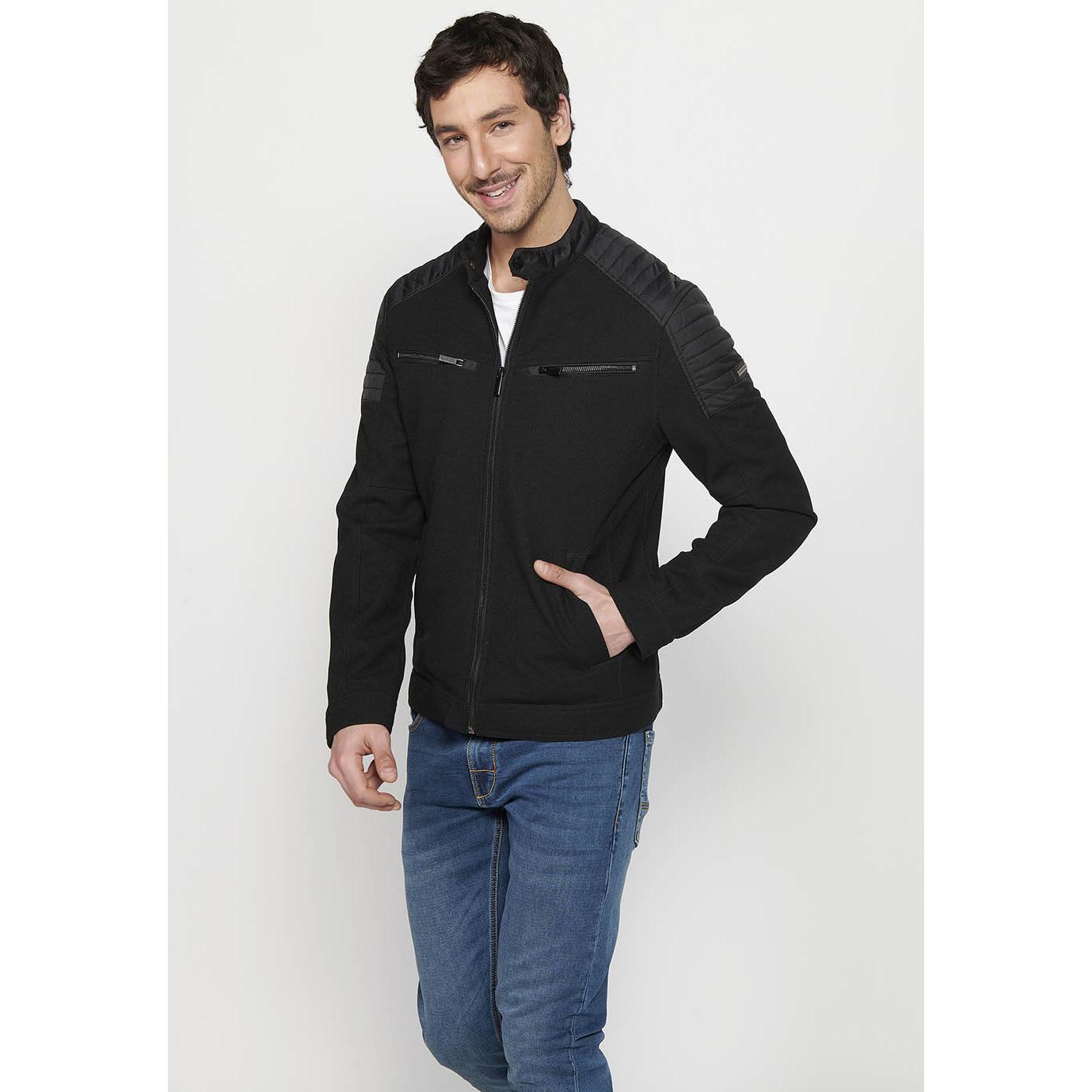 Koroshi - Cazadora biker para hombre de algodón 100 %, cuello alto y cremallera central, estilo urbano y deportivo