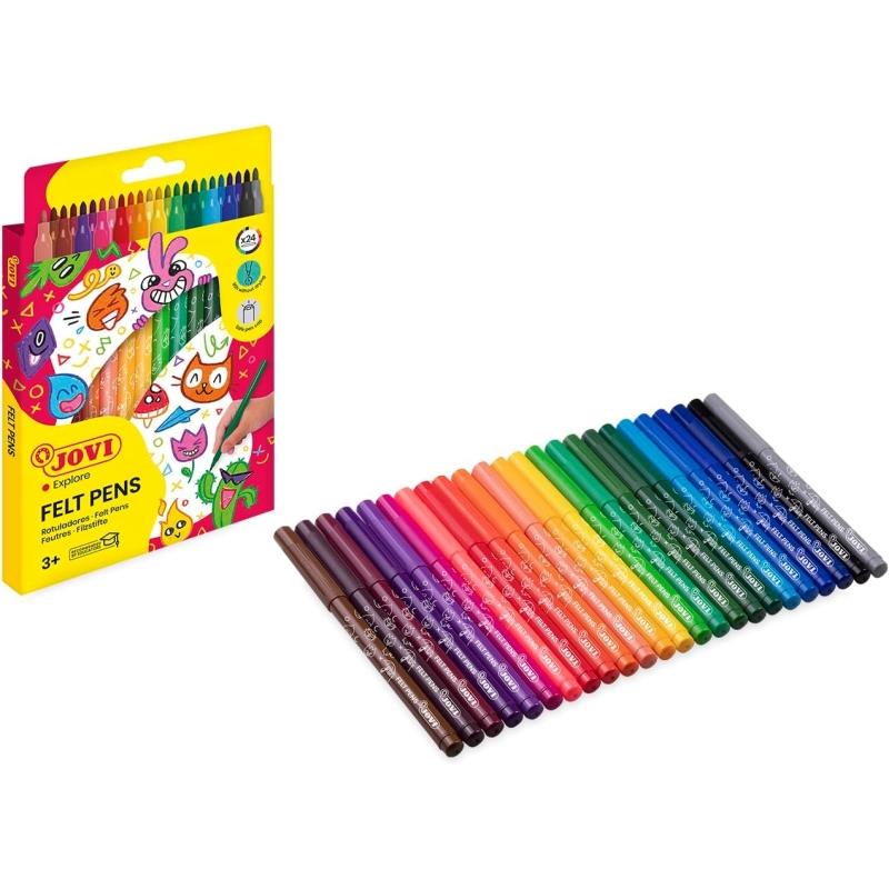 Jovi felt pens estuche de 24 rotuladores - amplia variedad de tonos - tinta de gran fijacion - punta de 3mm - capuchon de seguridad ventilado - grip triangular ergonomico - color surtido