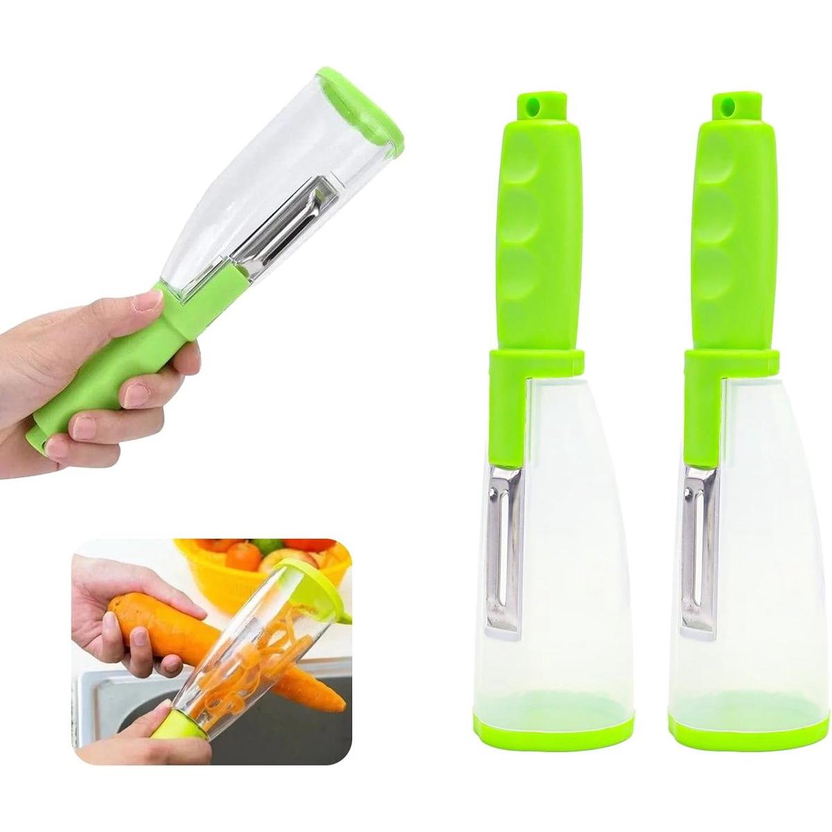 Juego de 2 peladores verdes con caja de almacenamiento ovalada – Pelador de frutas y verduras de acero inoxidable – Ayudante de cocina multifuncional – Almacenamiento práctico y experiencia de pelado rápida