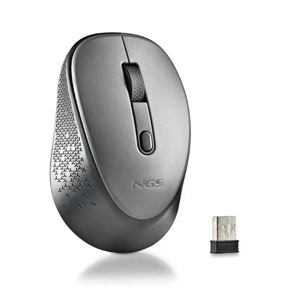 Ngs dew gray wireless optical mouse 2.4 ghz with silent buttons and adjustable dpi 800/1600, ergonomic design, includes nano usb receiver and batteries for daily use, perfect for comfortable ambidextrous control.
