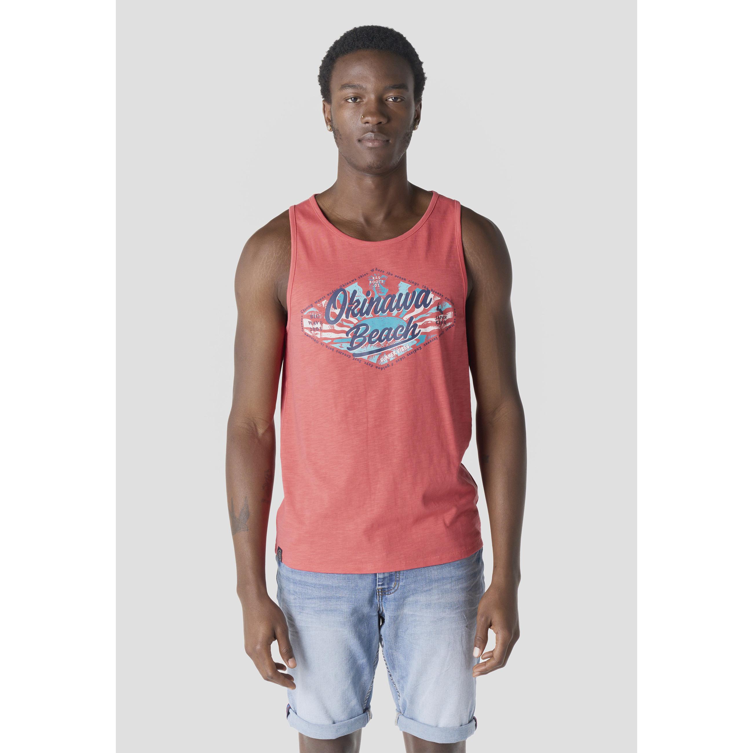 Koroshi - Camiseta de tirantes hombre con estampado surf OKINAWA BEACH en algodón 100 %, estilo playero y streetwear para verano
