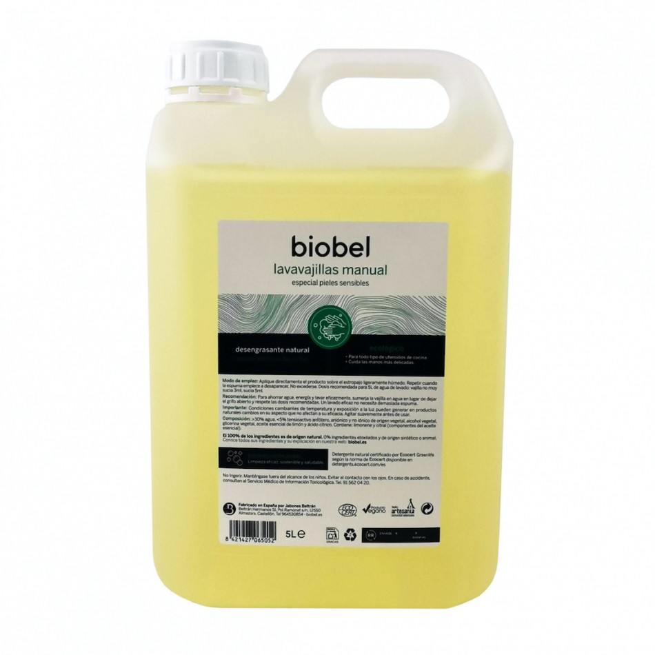 Biobel Lavavajillas Ecológico Manual con Aceite Esencial de Limón 5L - Fórmula Vegetal Biodegradable Certificada ECOCERT, Suave para Manos Sensibles