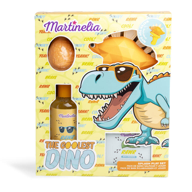 Set de baño infantil en caja: Bomba de baño-pistola de agua-gel de ducha Crackers the coolest dino Martinelia perfecto para regalo 85403