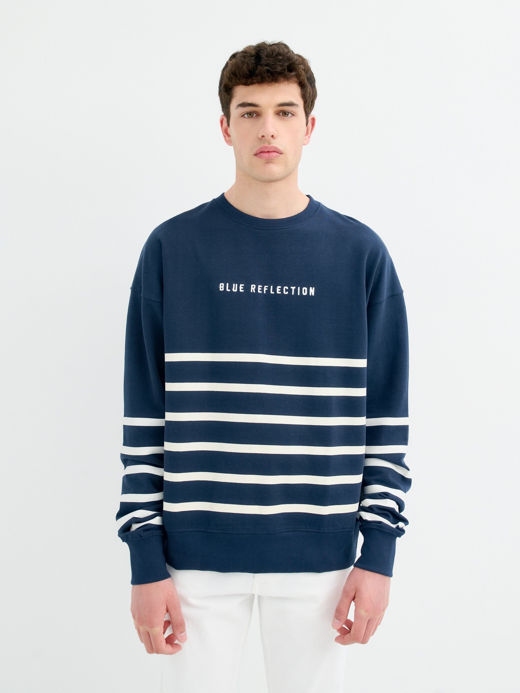 Sudadera sin capucha Blue Reflection, rayas y texto, felpa 100% algodón, corte clásico, estilo casual INSIDE