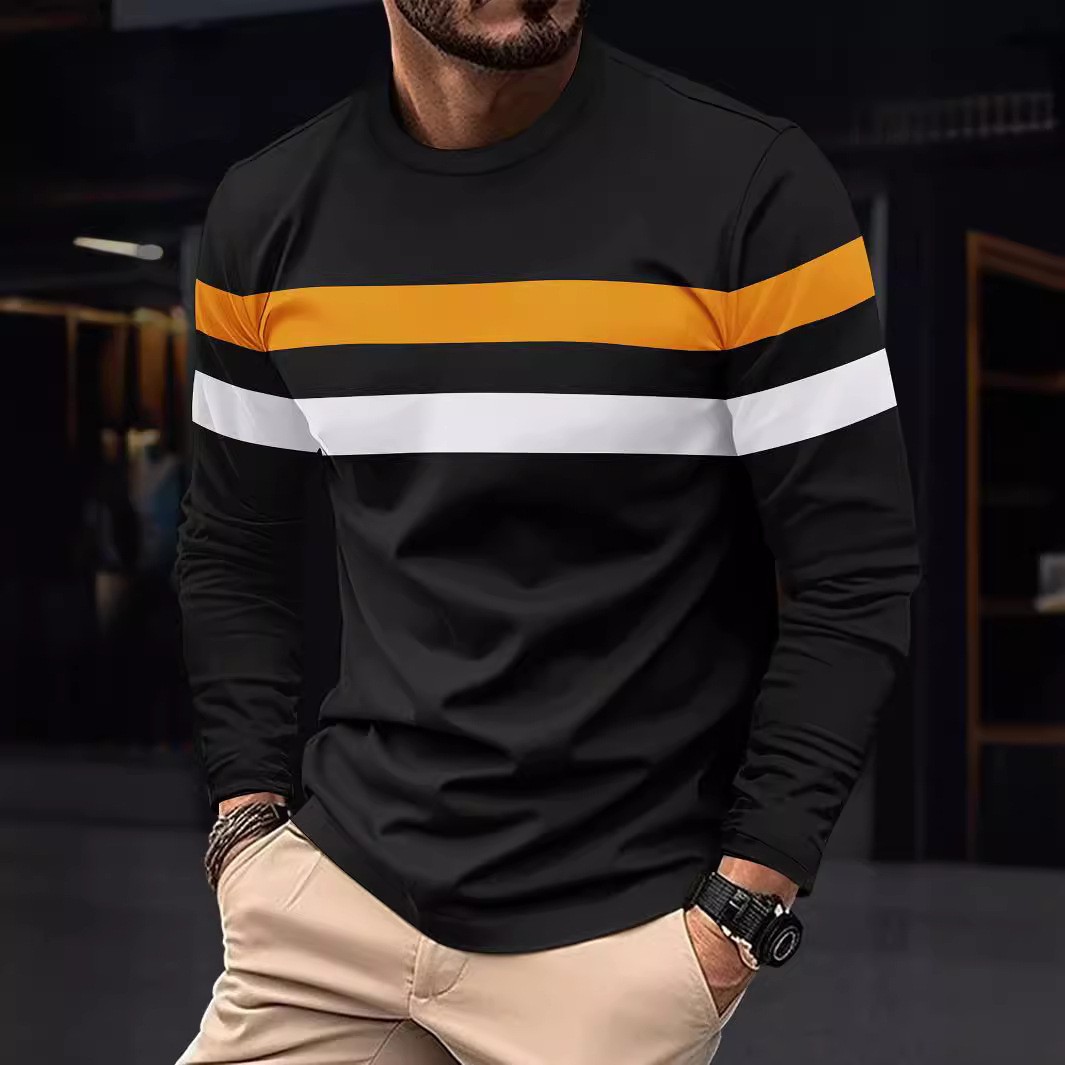 TK Camiseta informal de manga larga con cuello redondo para hombre, camisa deportiva de moda con bloques de color, para primavera y otoño