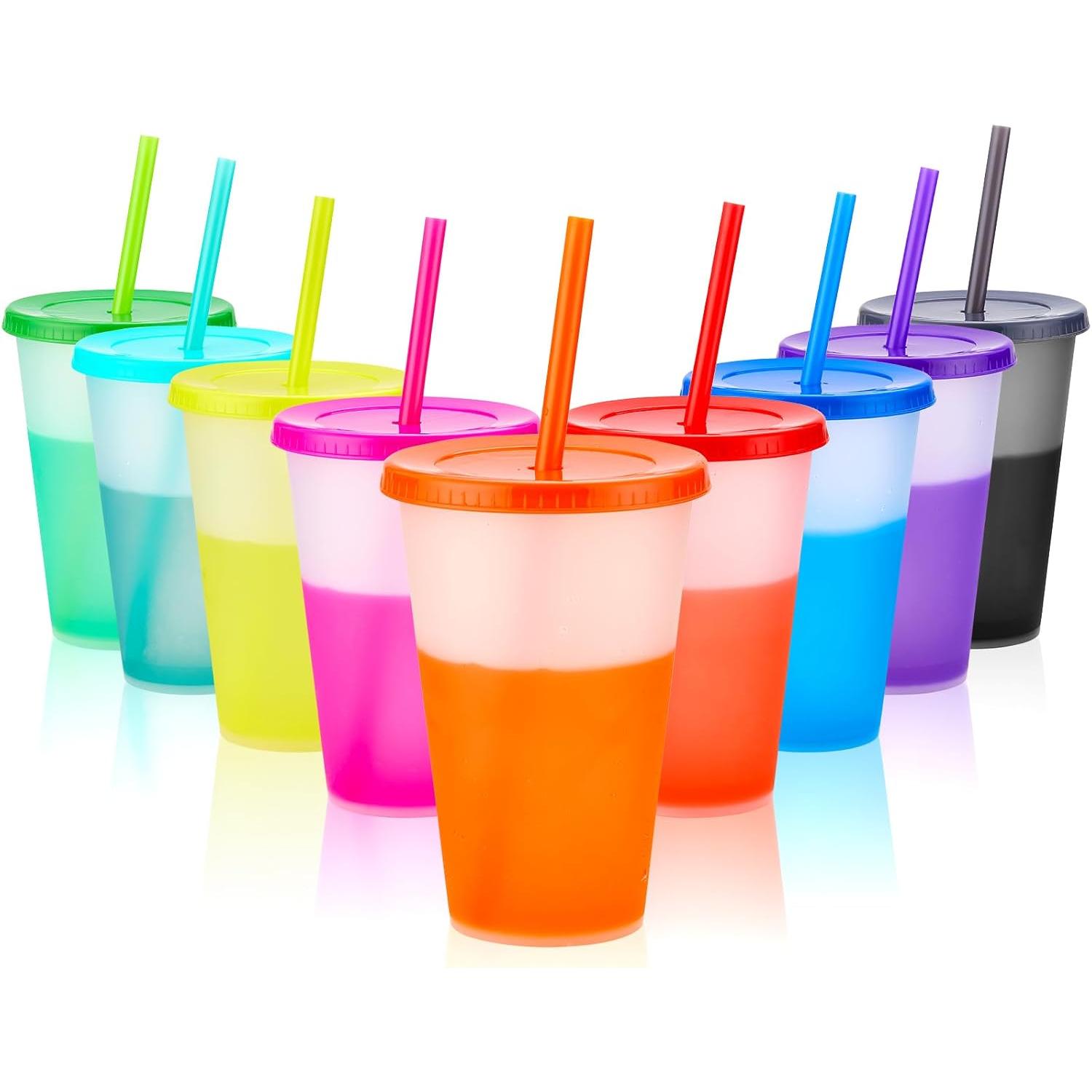 9 Vasos Mágicos con Tapa y Pajita – Pack de 9 Vasos Mágicos de Plástico Reutilizable 16oz (470ml) que Cambian de Color – Vasos Divertidos para Café Helado, Batidos y Refrescos – Ideales para Viaje, Fiestas, Niños y Adultos
