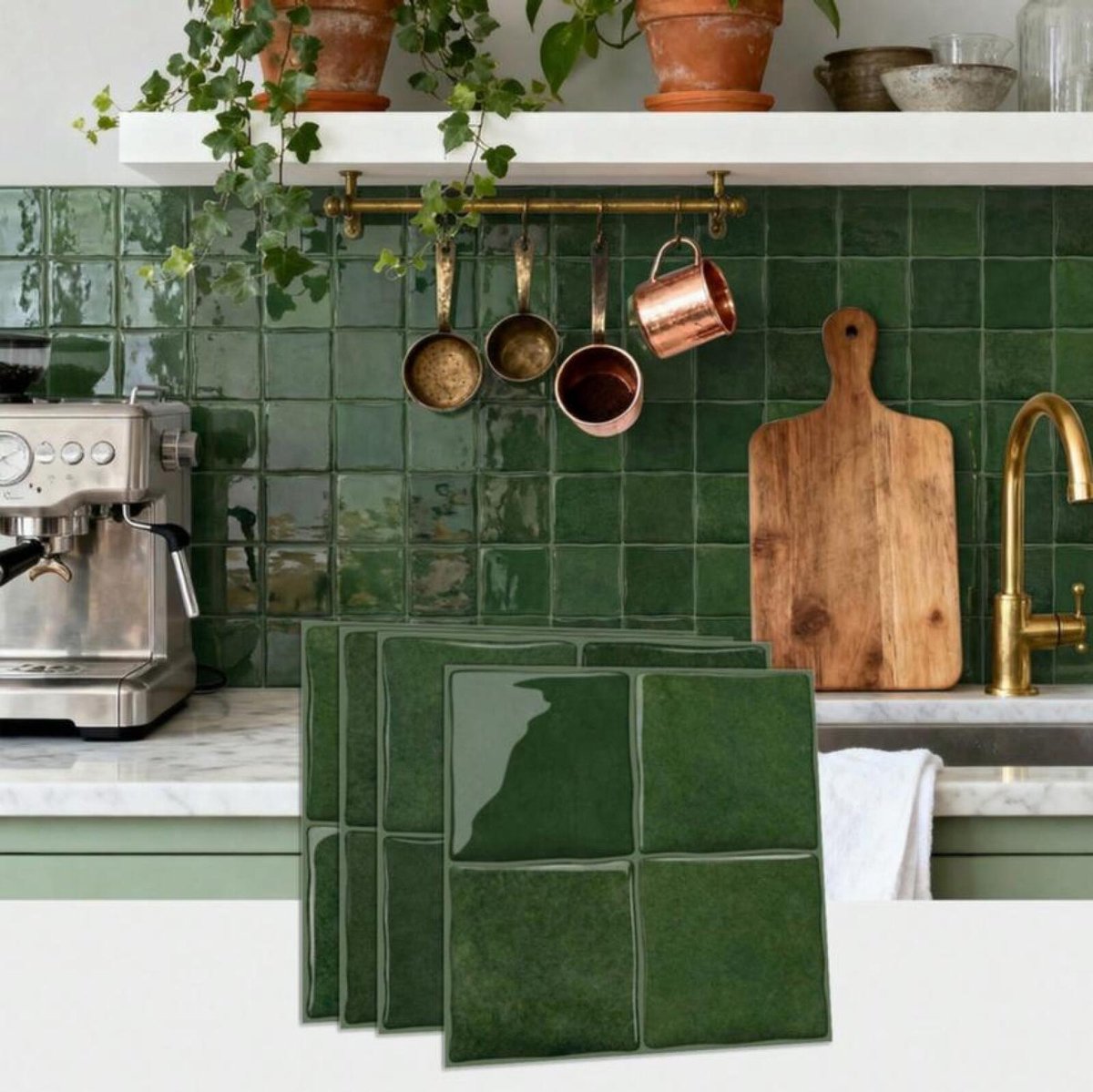 12 piezas de azulejos adhesivos 3D - Azulejos autoadhesivos para pared - Repelentes al aceite 15×15cm - Adhesivos 3D para fondo de cocina - Para baño y cocina - Azulejos adhesivos para salpicadero - Verde