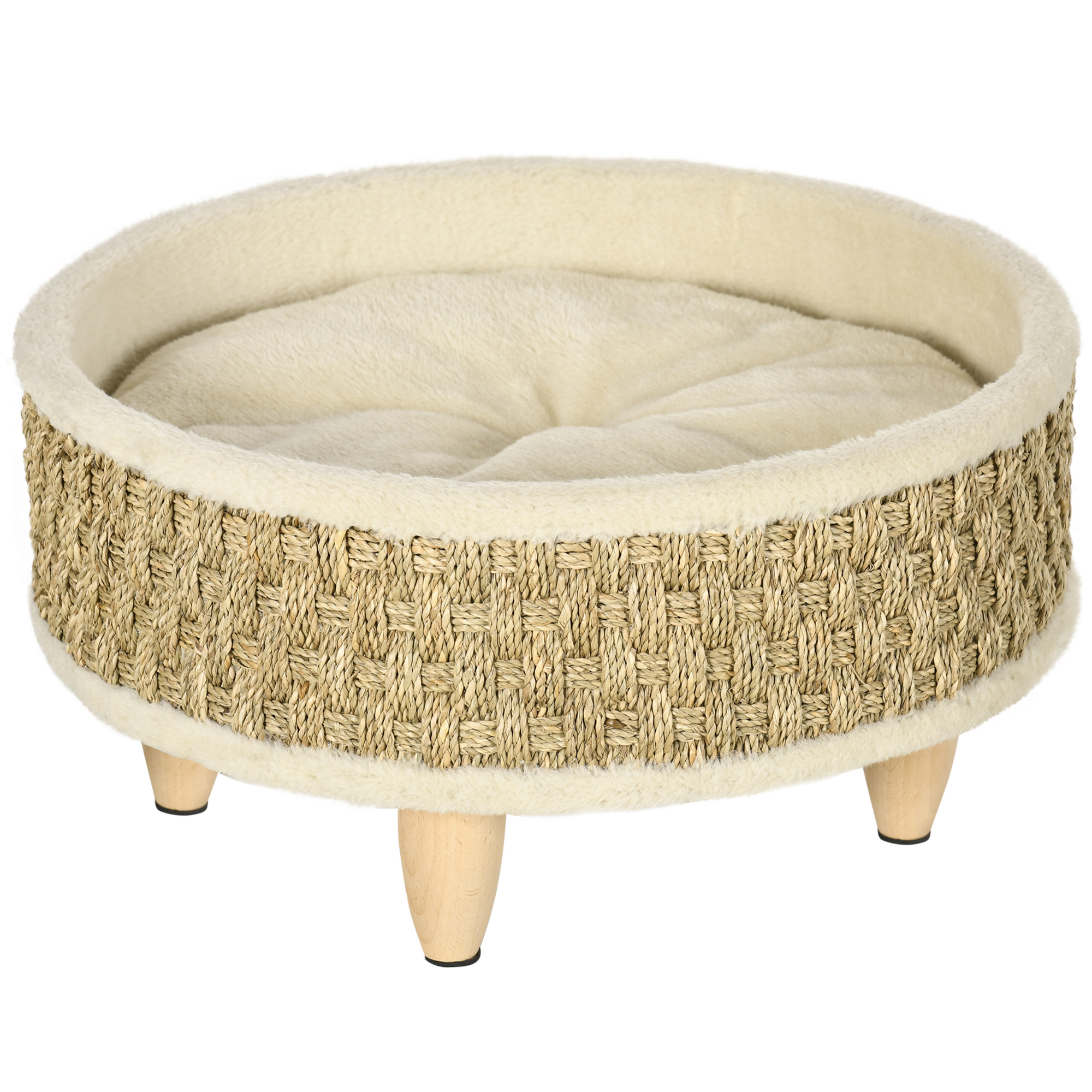 PawHut Cama Elevada para Perros Cama para Perros Miniaturas con Cojín Lavable Cuerda de Seagrass Marco de Madera y Alfombrillas Antideslizantes Sofá para Mascotas para Interior Ø48x24,5 cm Beige