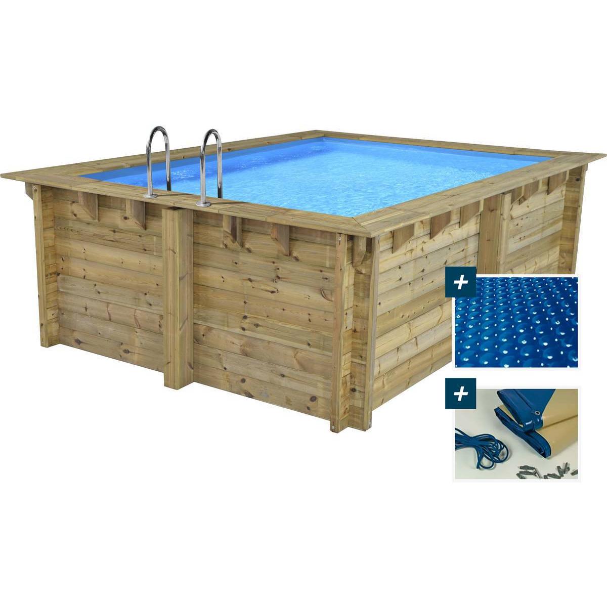 Habitat y Jardin - Piscina rectangular de madera "Caimans" - 4,10 x 3,00 x 1,24 m + cubierta de burbujas de 180 µ - cubierta de invierno de 280 g/m²