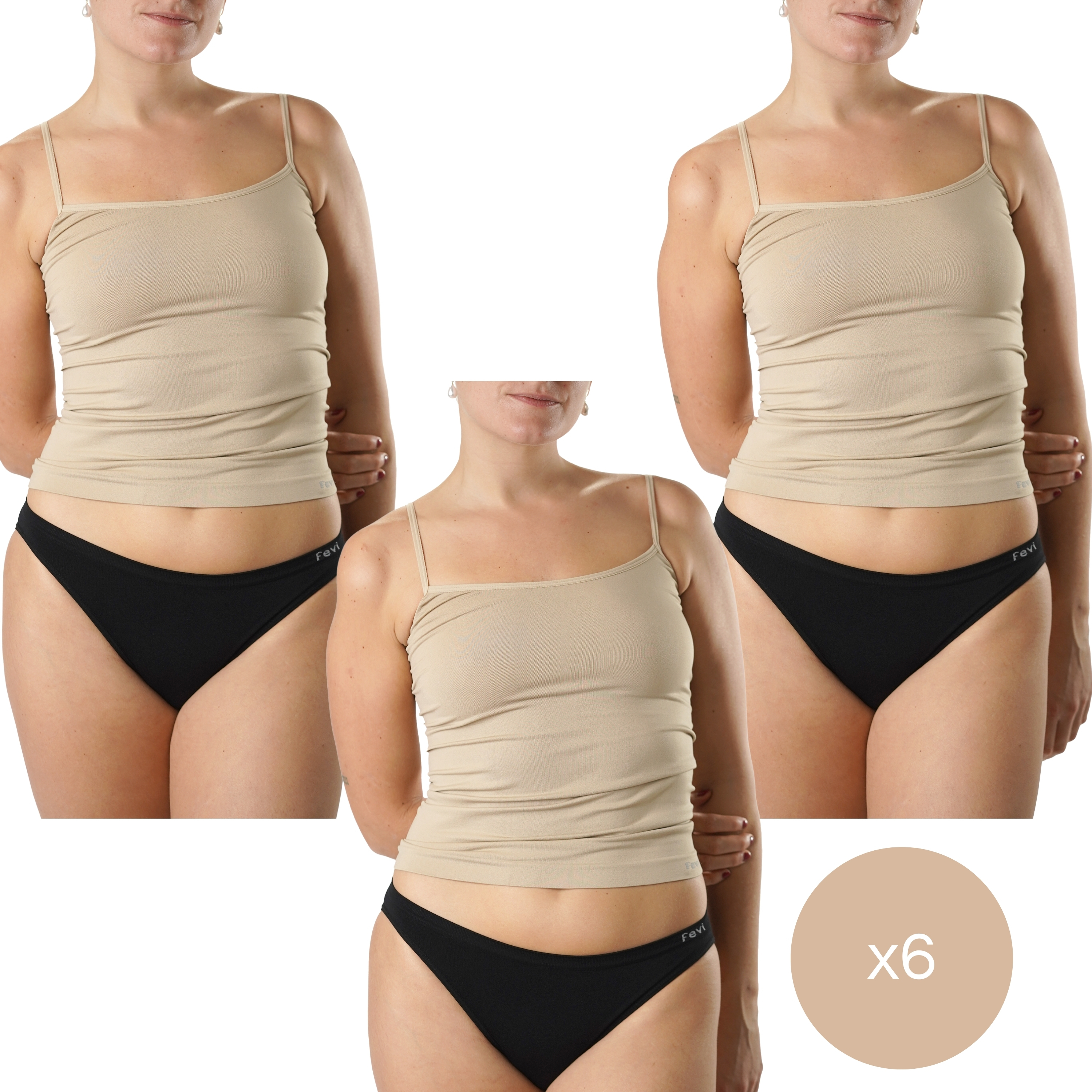 FEVITEX ESSENTIALS | Pack de 6 Camisetas de Tirantes en 1 o 3 Colores: Blanco, Negro, Beige | Suaves y Elásticas | Talla Única de la S a la L