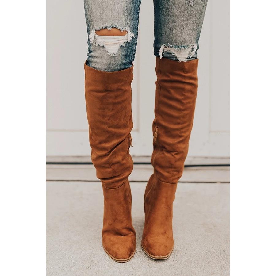 MOV Nuevas Botas Grandes de gran tamaño para mujer de Gamuza, Tacón Grueso, Cremallera lateral punctiaguda, BOTAS de Caballero de moda de color sólido