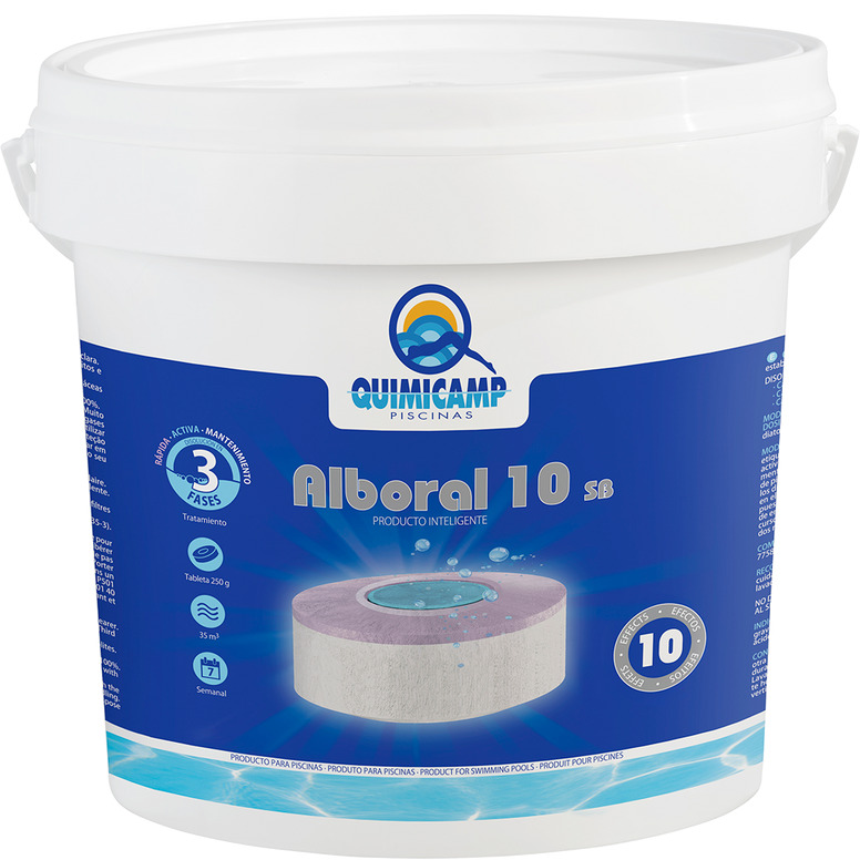 Cloro Alboral 10 Efectos Quimicamp en pastillas de 250g ideal para el mantenimiento del agua de la piscina al contener desinfectante, algicida, floculante, estabilizante, mantenedor del PH, bactericida, , abrillantador, antical y clarificante