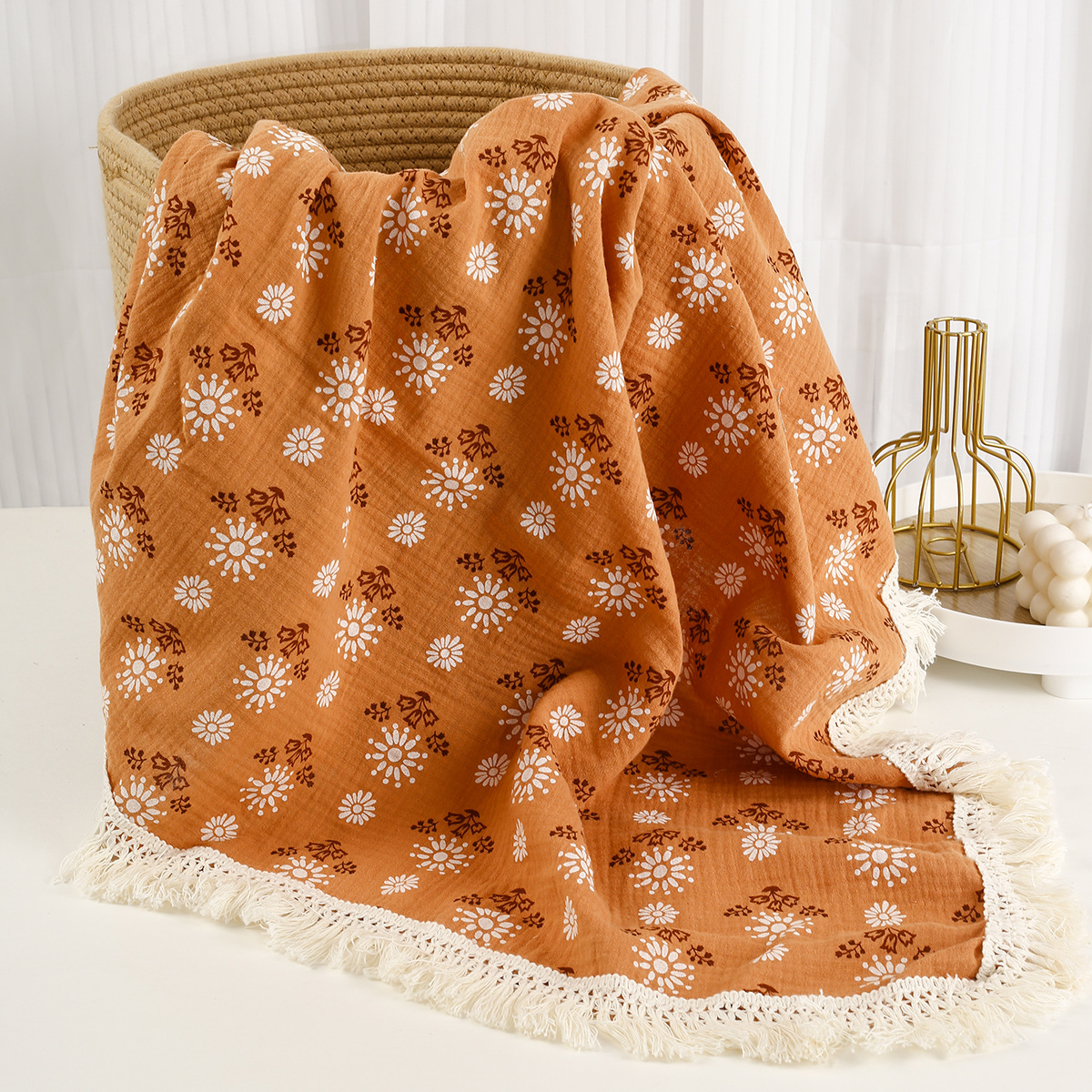 CA Manta De Algodón Muselina Para Bebé Con Borlas Swaddle Recibimiento Para Recién Nacidos Funda De Cuna Y Silla De Coche
