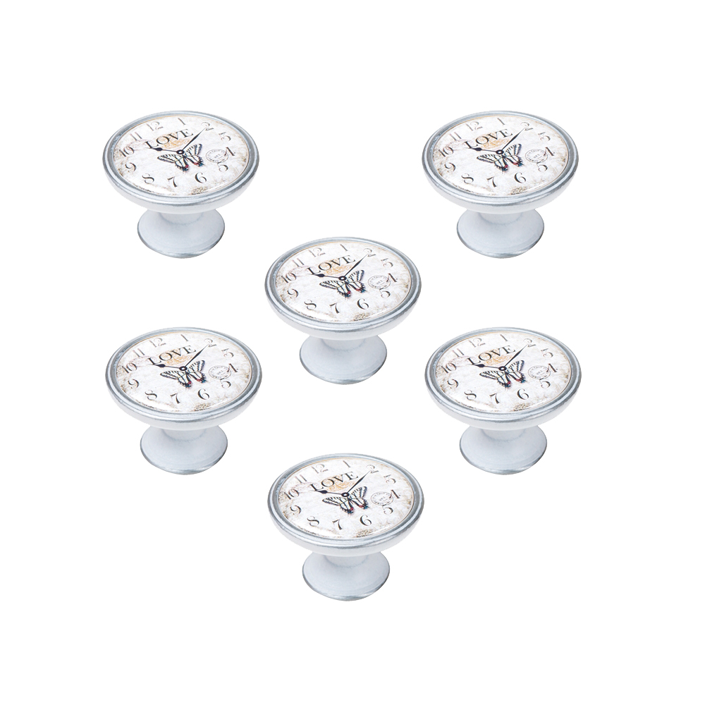 6 Un. Pomo TIRADOR Mueble Vintage Retro Metal plata pátina blanco RELOJ - Diámetro  37MM