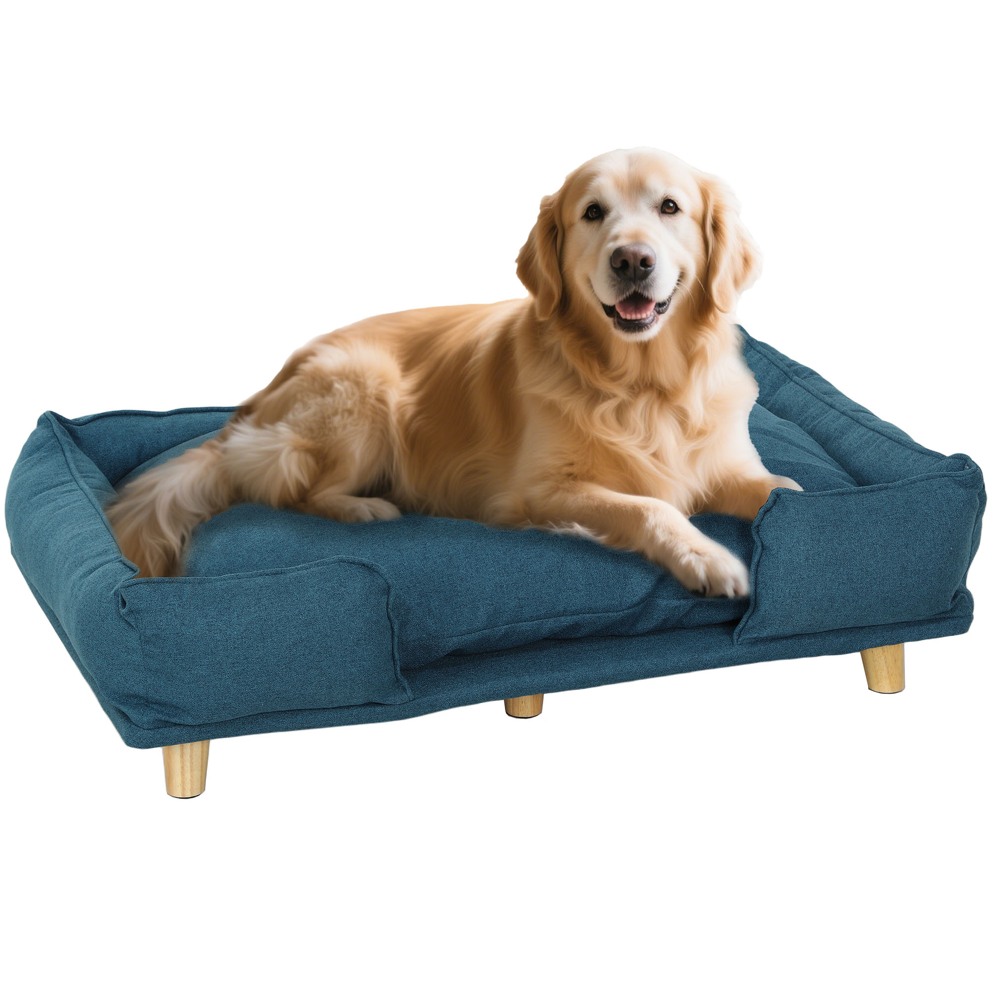 PawHut Sofá para Perros Grandes Cama Elevada para Perros con Patas de Madera y Cojín Lavables Cama para Mascotas Carga 30 kg 96x66x24 cm Azul