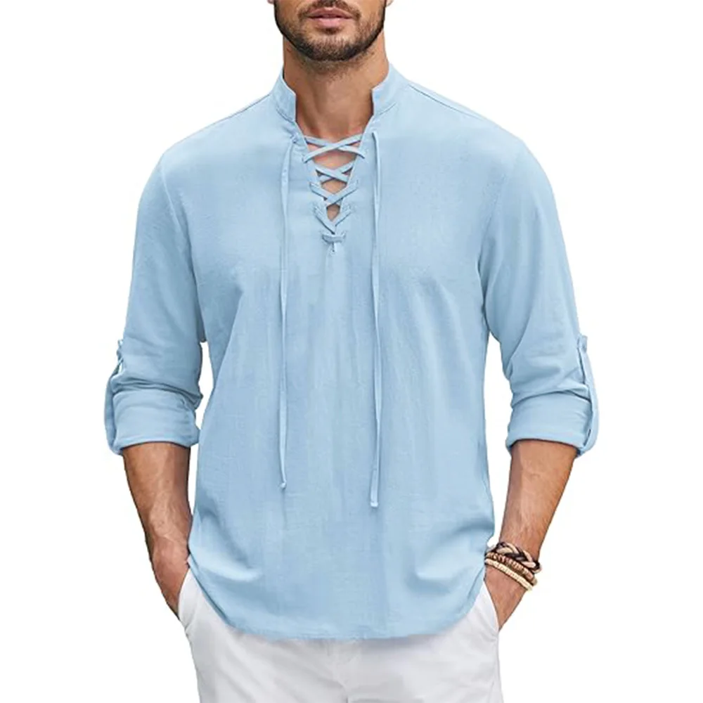 TK Camisa De Renacimiento Para Hombre Pirate Viking Medieval Algodón Lino Camisa De Manga Larga Para Halloween Disfraz Casual Diario