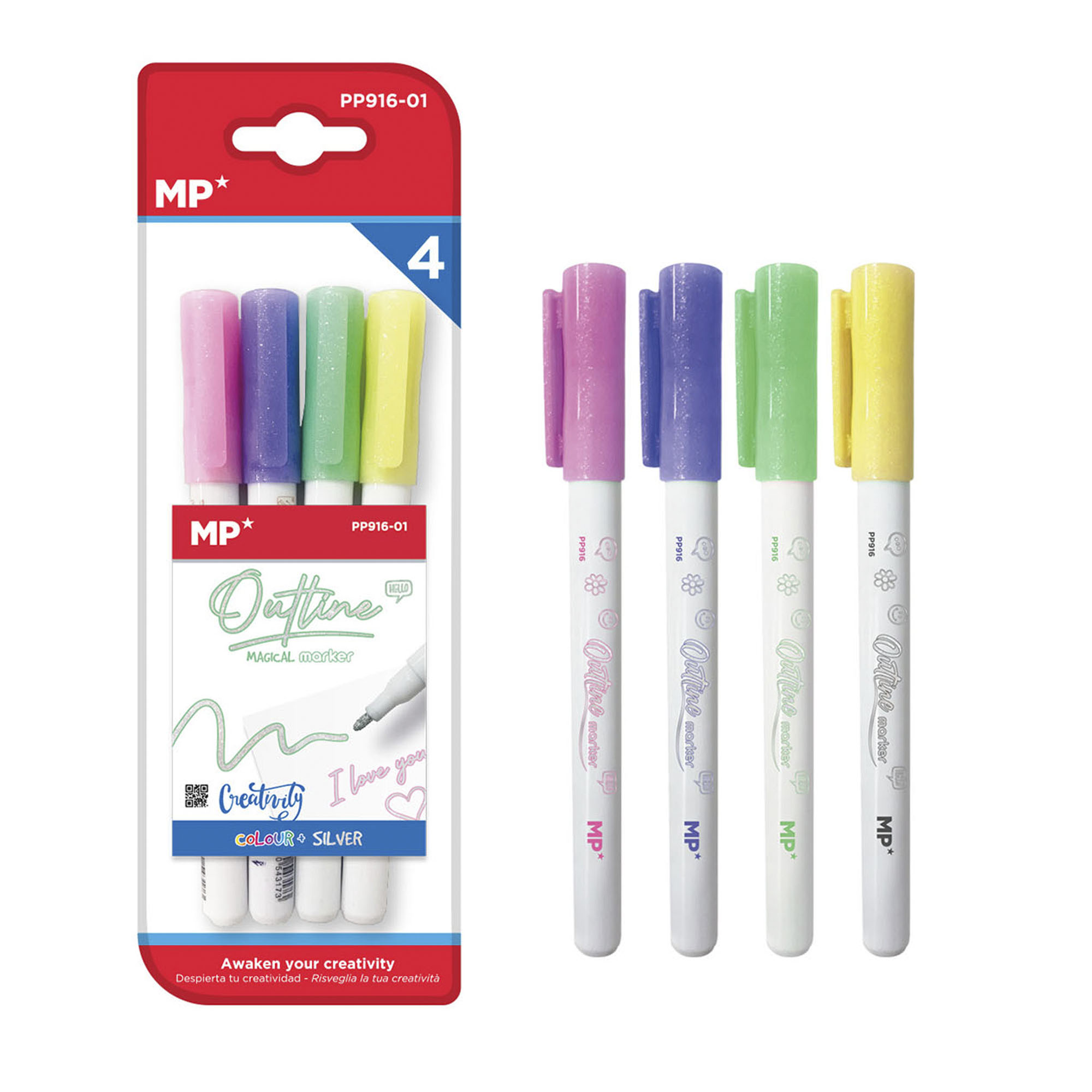DAM SET 4 PCS ROTULADOR MÁGICO OUT LINER DOBLE LÍNEA. Rosa, lila, verde claro y amarillo pálido. Color: Multicolor