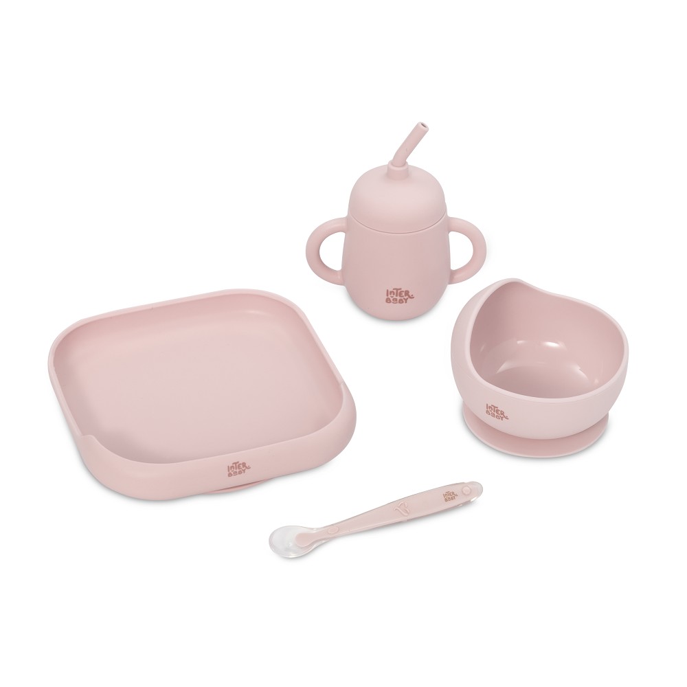 Set de 4 Piezas de Vajilla Infantil, 100% Silicona, Color Rosa, Interbaby