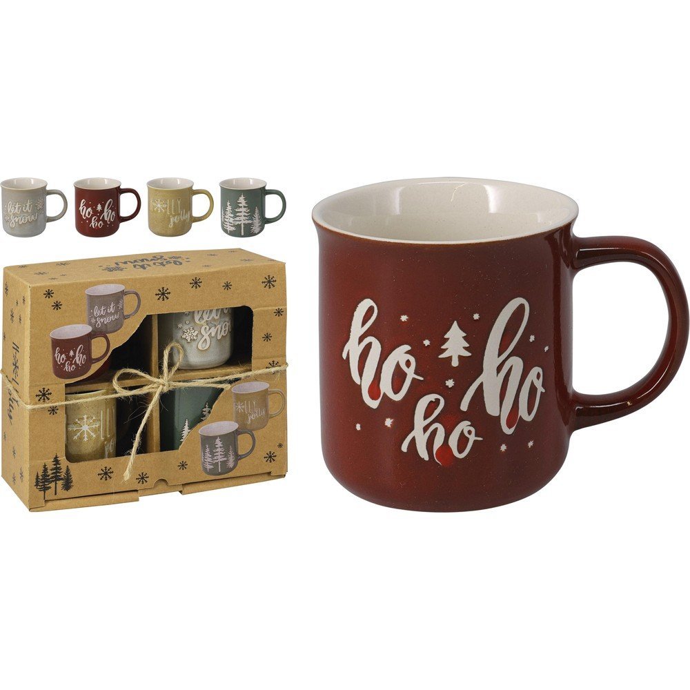 KOOPMAN JUEGO 4 TAZAS GRES 200ML ESMALTE REACTIVO NAVIDAD MANTELERIAS Y OTRAS 18x14x12 Cms.