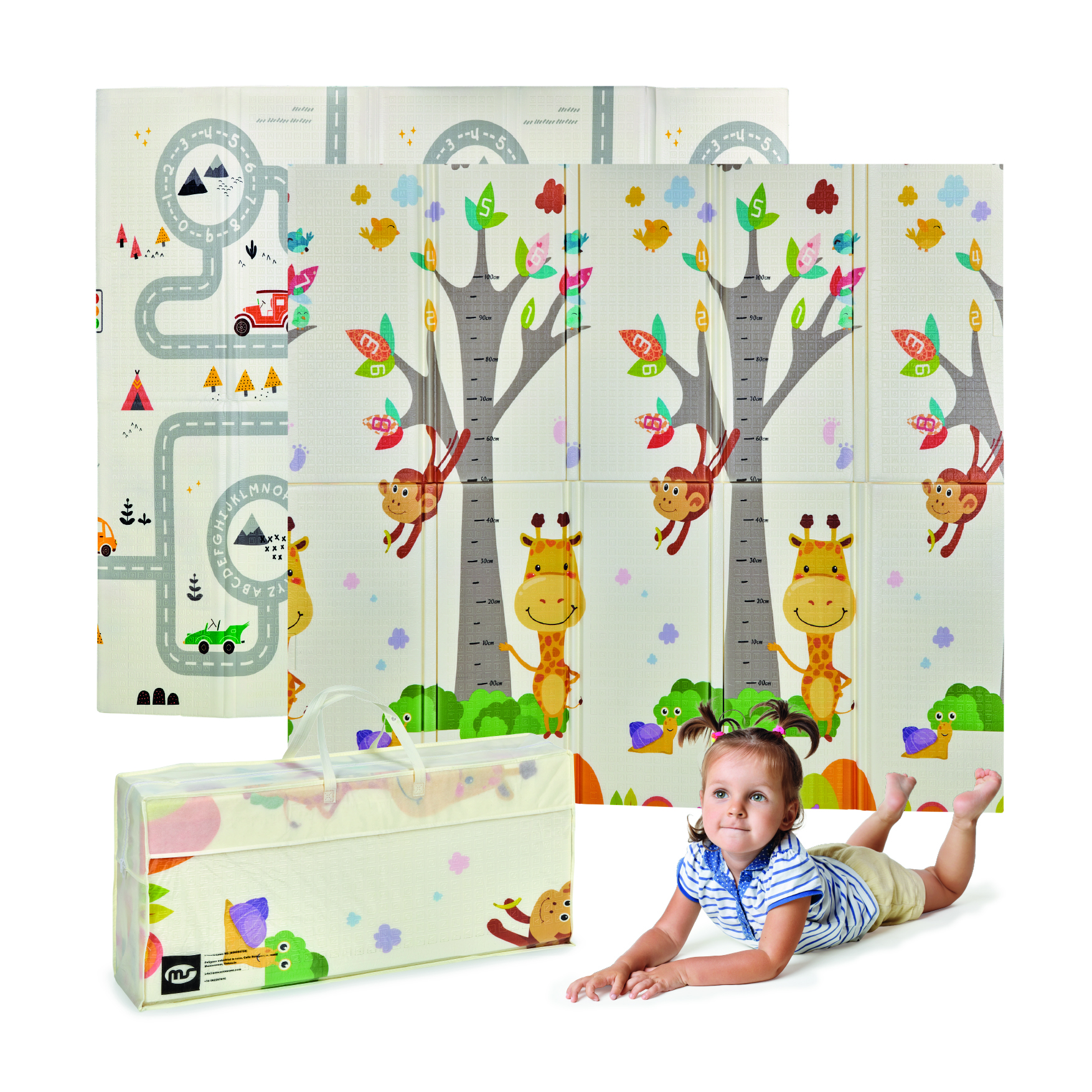 MS BabyWorld Tapete de juegos Fancy - Alfombra de Juegos para Bebé 180x200x1.5 cm - Doble Cara, Tapete Muy acolchado (1.5 cm Grosos), Plegable y con Bolsa de transporte - Ideal para regalo