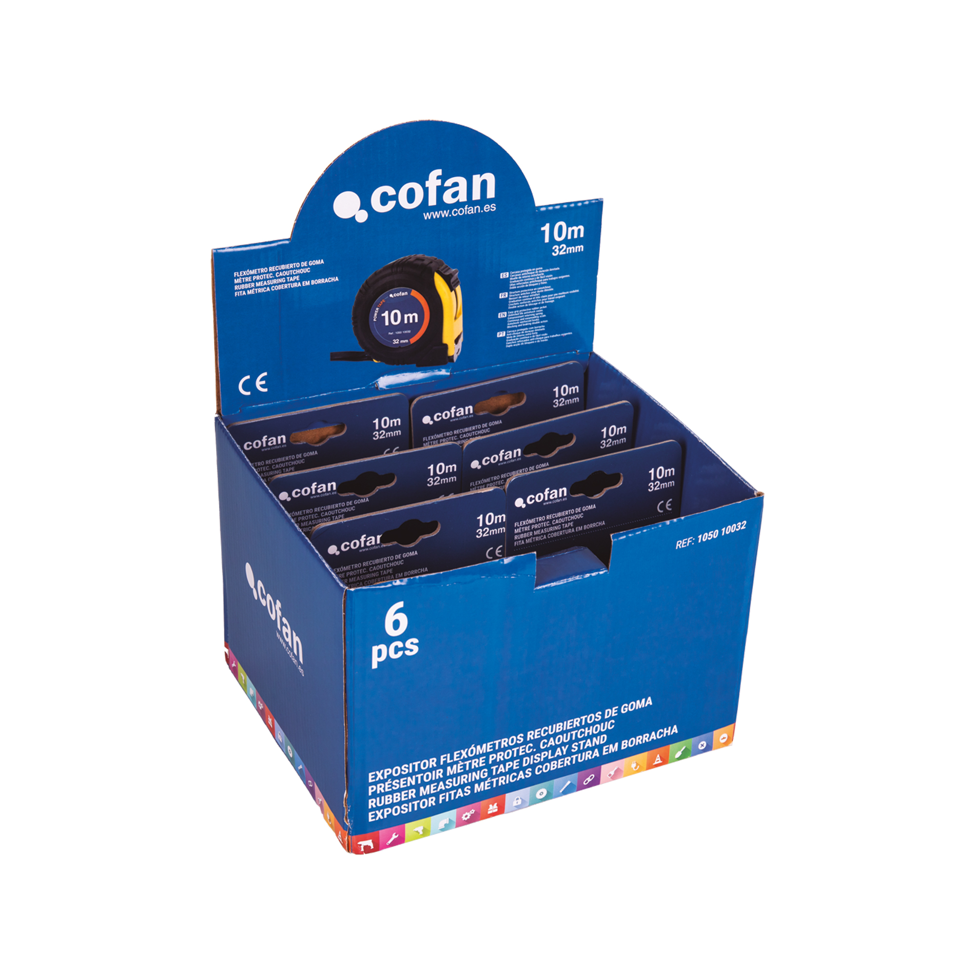 Cofan Expositor para Flexómetros con Protección de Goma de Cofan | Incluye 6 Flexómetros | Flexómetro de 5 m, 8 m o 10 m x 25 o 32 mm (hoja) | Medida Expositor: 21,8 x 15,6 x 15,3 cm