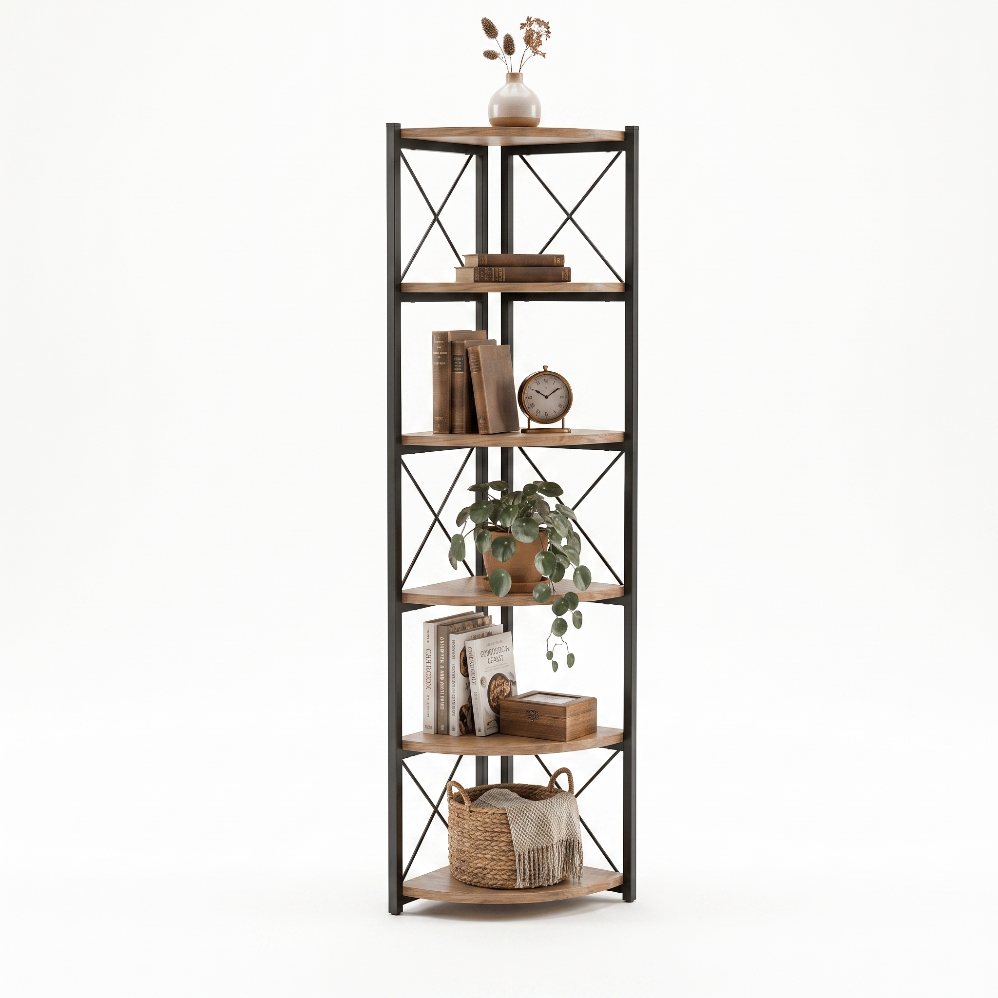 CASA basics Estantería Rinconera de 6 Estantes 160 cm en Madera y Metal Negro, Estilo Industrial, Librería, Mueble Auxiliar, Organizador de Esquina, Ahorro de Espacio, Decoración Moderna, Chipboard Resistente, Fácil Montaje