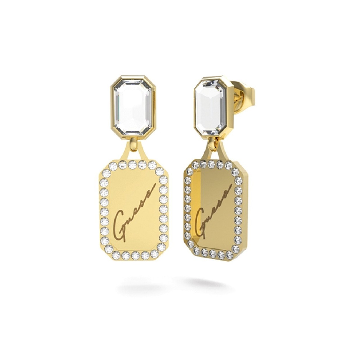 Pendientes Guess mujer Crystal Tag JUBE01132JWYGT-U acero inoxidable dorado cristal placa perfilada