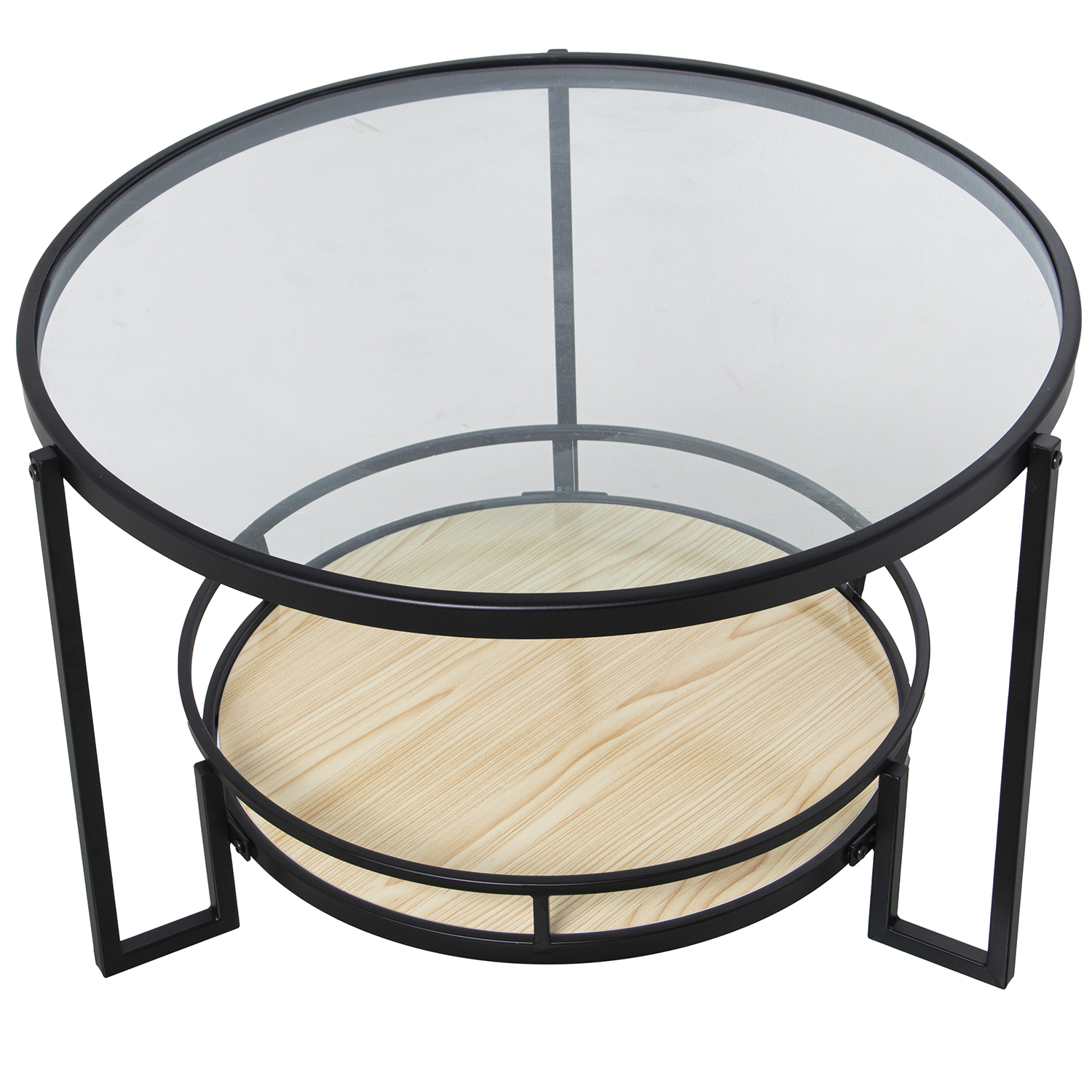 Mesa auxiliar metal negro, cristal transp. y balda madera 70x45cm