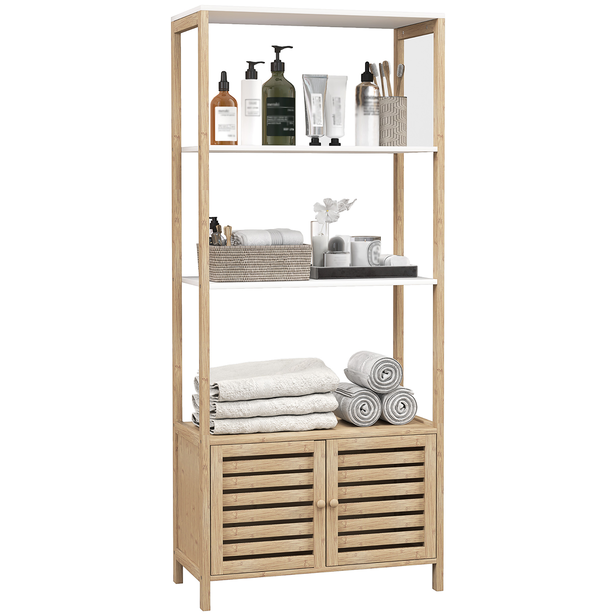 HOMCOM Mueble de Baño con 3 Estantes Mueble de Almacenamiento Alto de Bambú 1 Armario con Puertas de Lamas Base Elevada 63 x 30 x 138 cm Madera Natural y Blanco