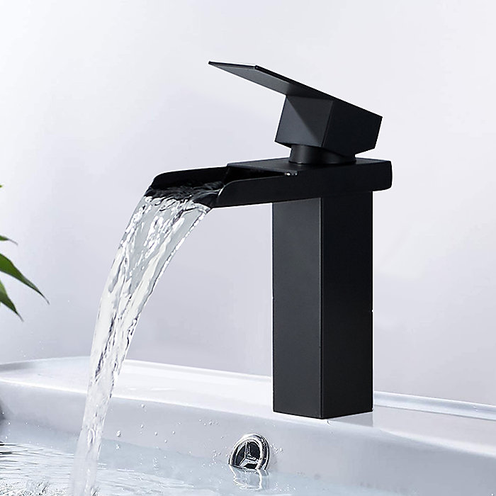 CA Grifo de lavabo de cascada negro, mezclador de un solo orificio, grifo de lavabo de una sola manija, grifo de baño