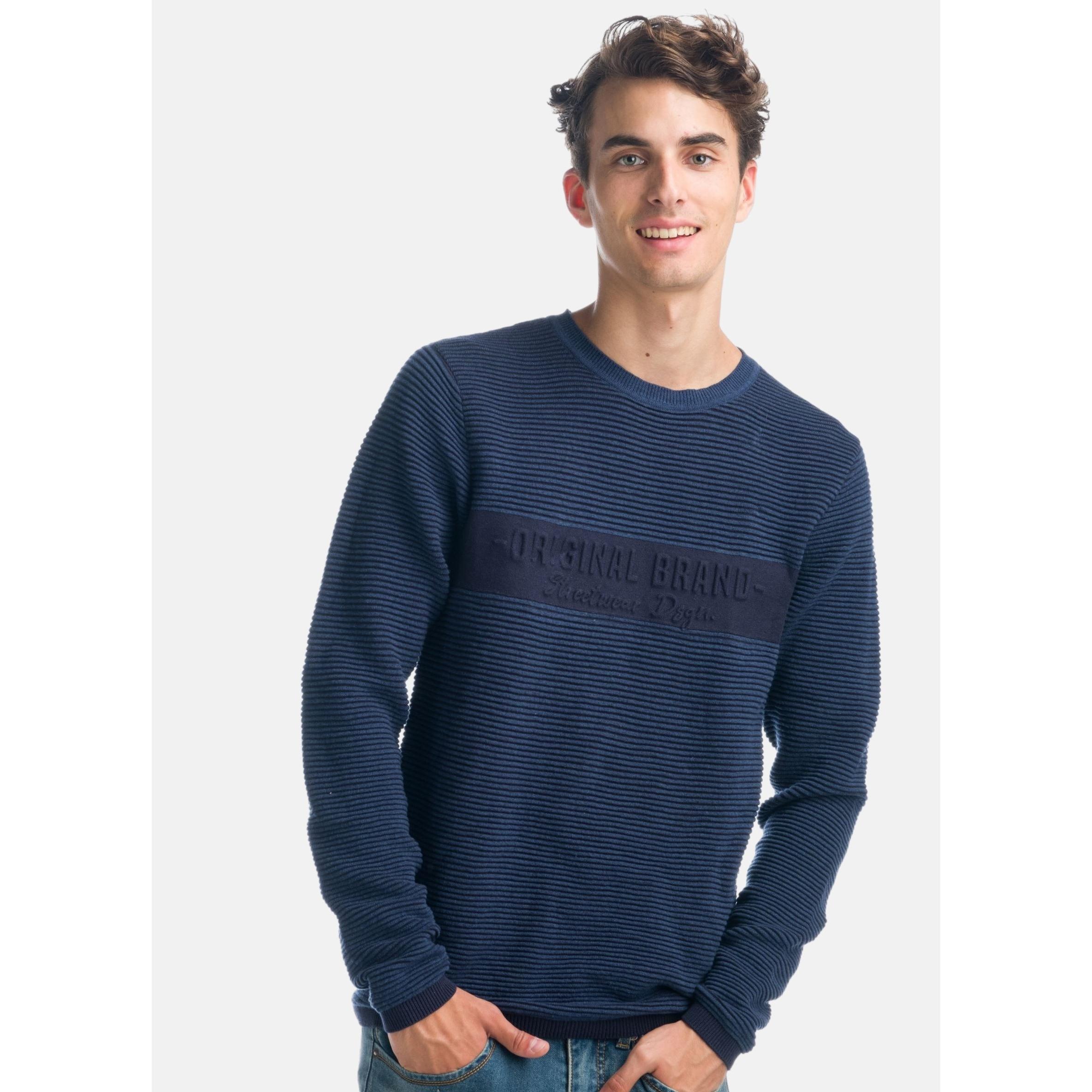 Koroshi - Jersey de punto canalé para hombre 100% algodón con texto en relieve tono sobre tono, cuello redondo y manga larga