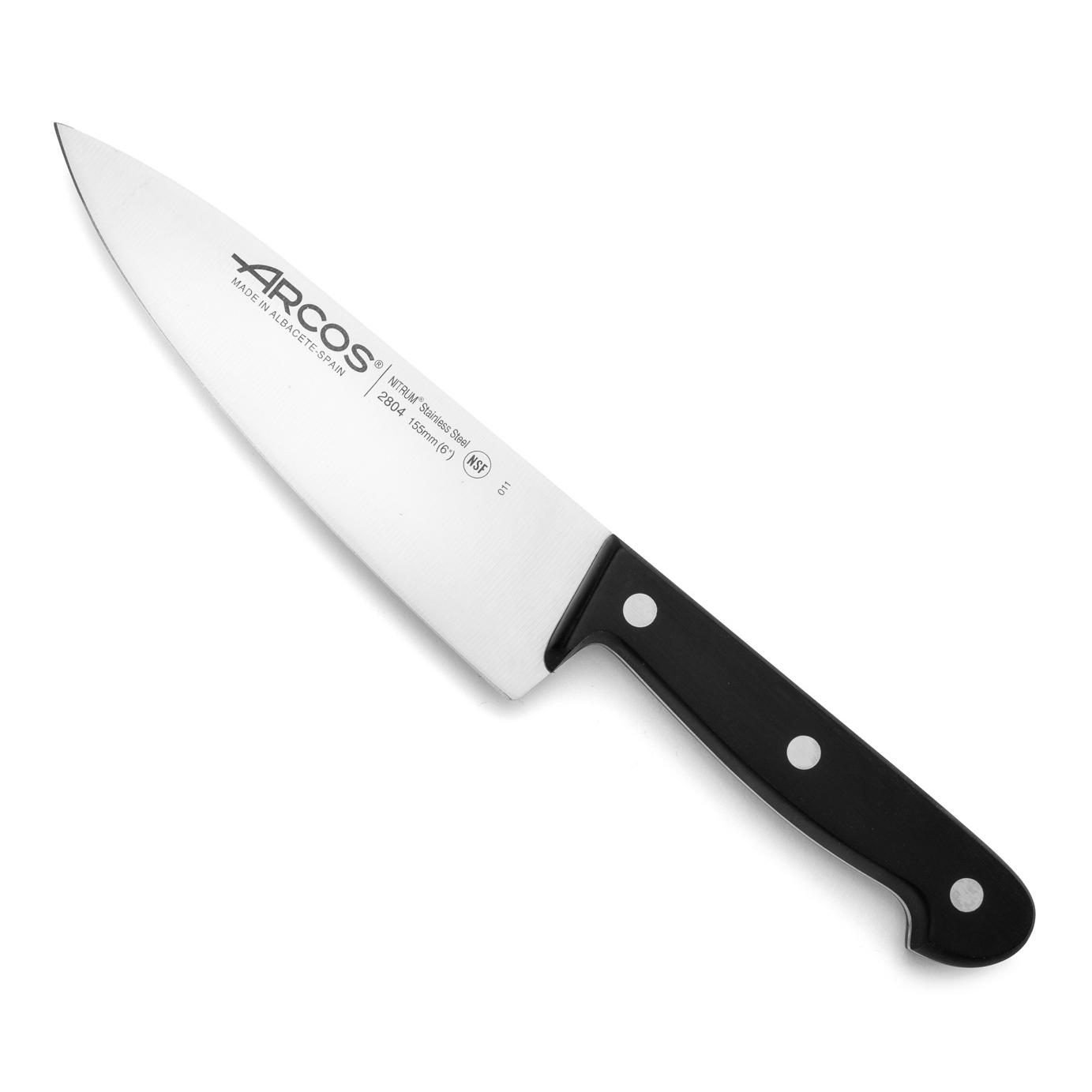Arcos Cuchillo Chef Acero Inoxidable. Cuchillo cocina para cortar y pelar alimentos pequeños. Mango ergonómico polioximetileno y Hoja 155 mm. Serie Universal. Color negro.