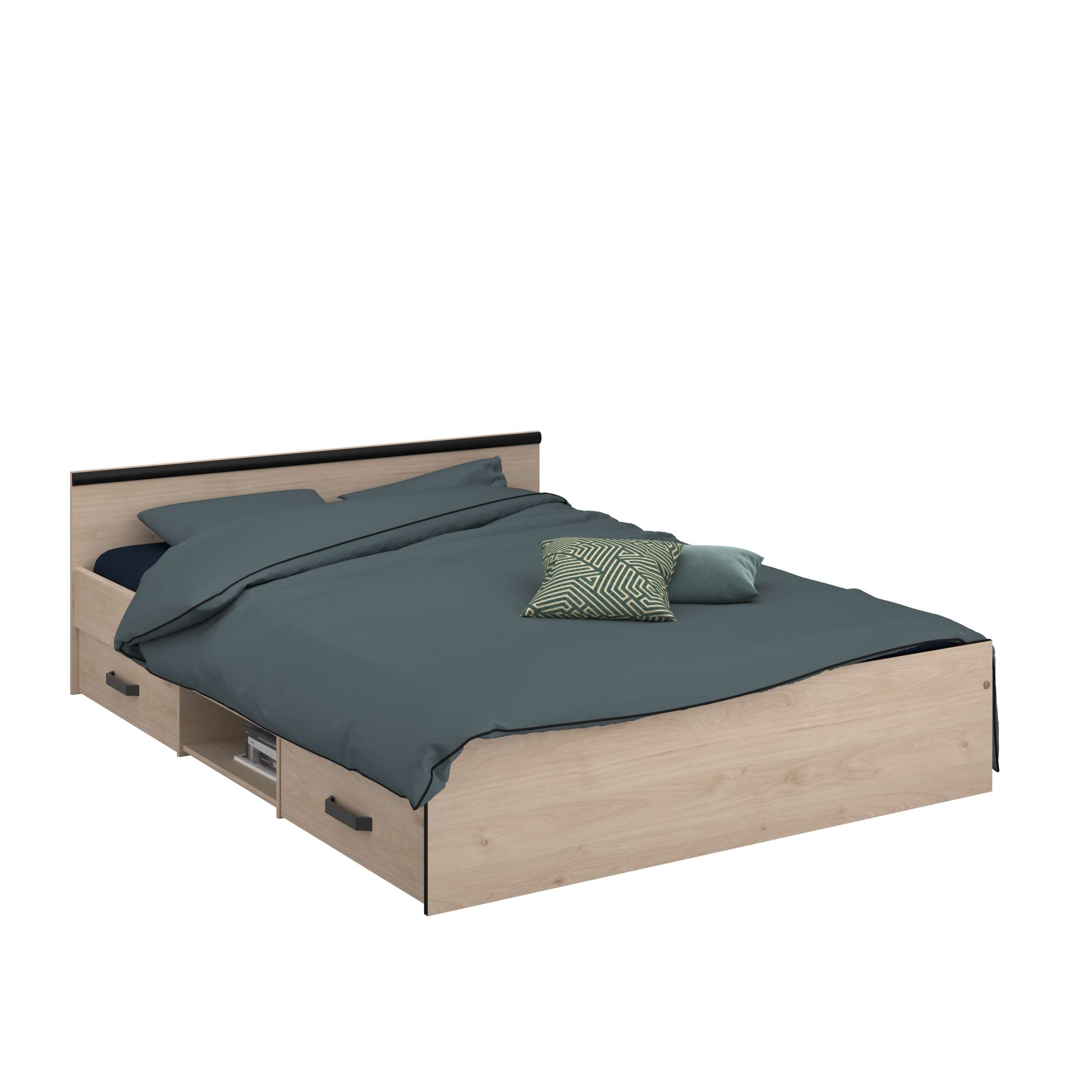 Miroytengo Cama Solstice de Dormitorio Estilo Industrial en color Roble Jackson y Negro con 2 cajones 135-140x190 cm