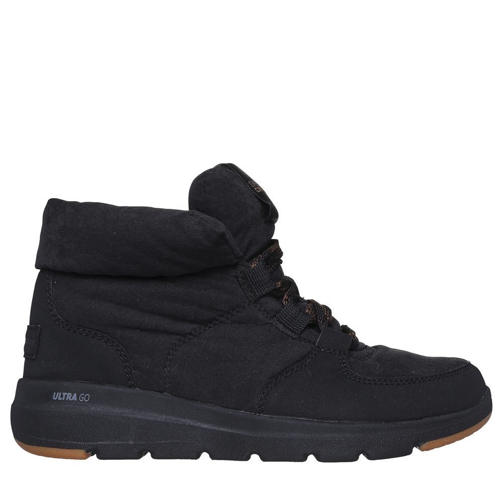 Cómoda Botín mujer Skechers GLACIAL ULTRA-TREND UP en tejido negro y cálido forro. Plantilla Goga Mat mejora la experiencia al caminar. Suela ligera ULTRA GO® Altura Tacón bajo (1-3 cm) Referencia 144194-BLK