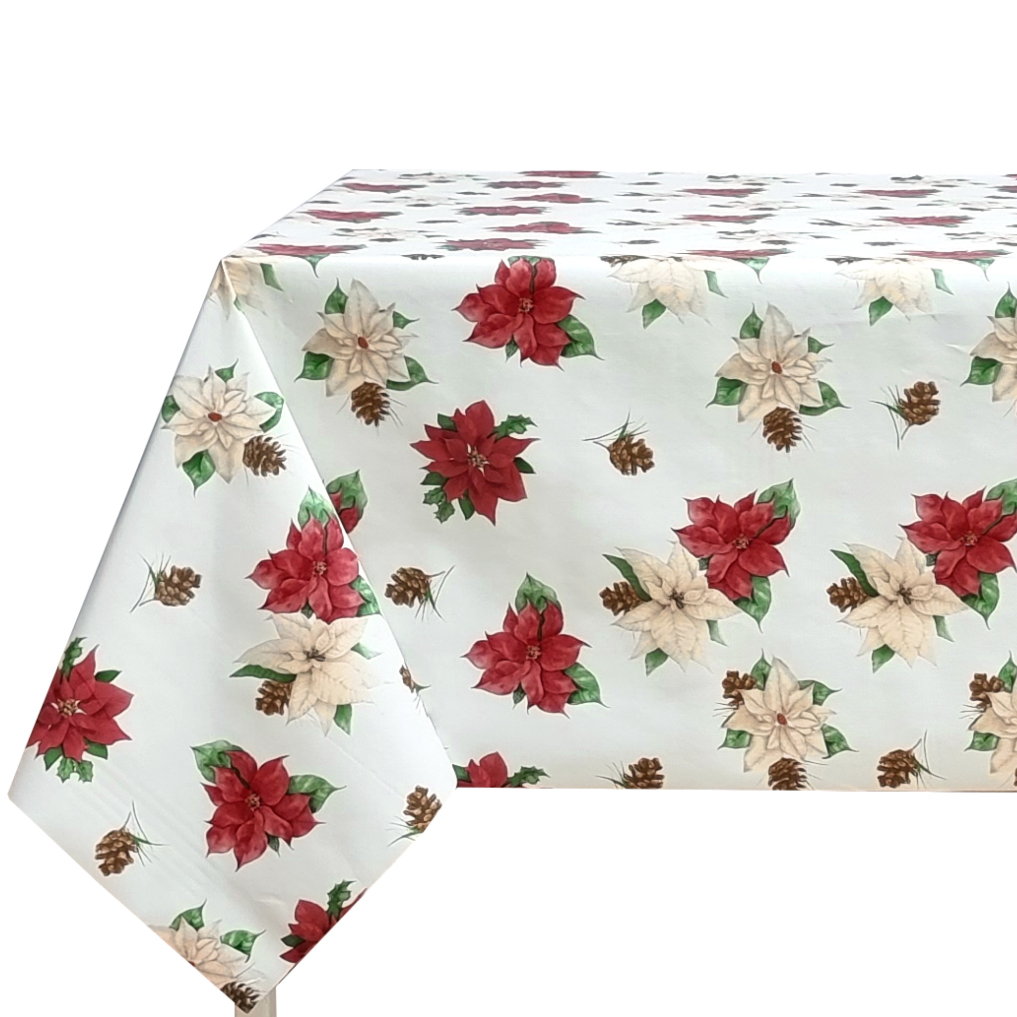 Mantel de Navidad de PVC Impermeable y Antimanchas, Diseño de Flores de Pascua Rojas y Blancas con Piñas, para Cocina, Comedor y Decoración Navideña