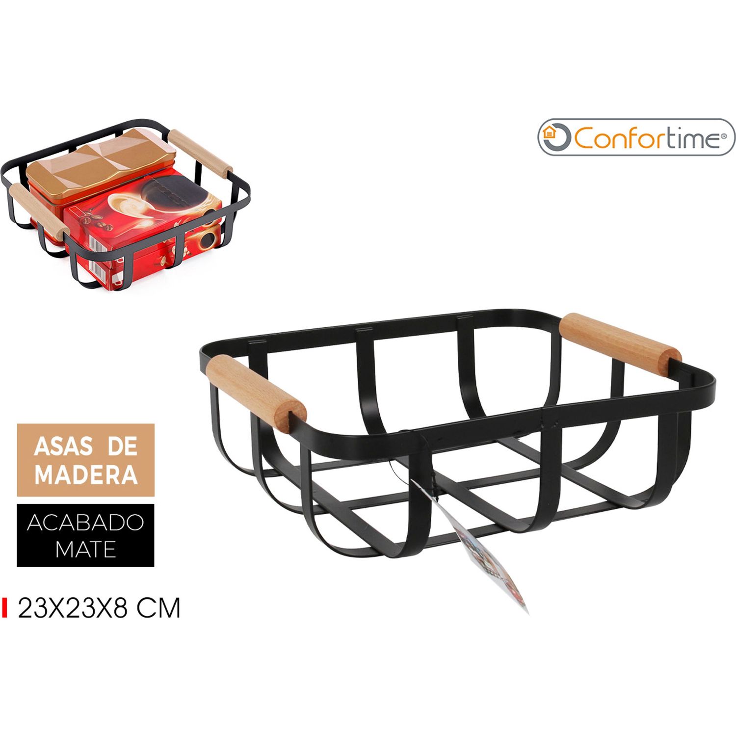 Confortime - Cesta de Ordenación Negro Wood 23x23x8cm - Práctica, Versátil y Moderna
